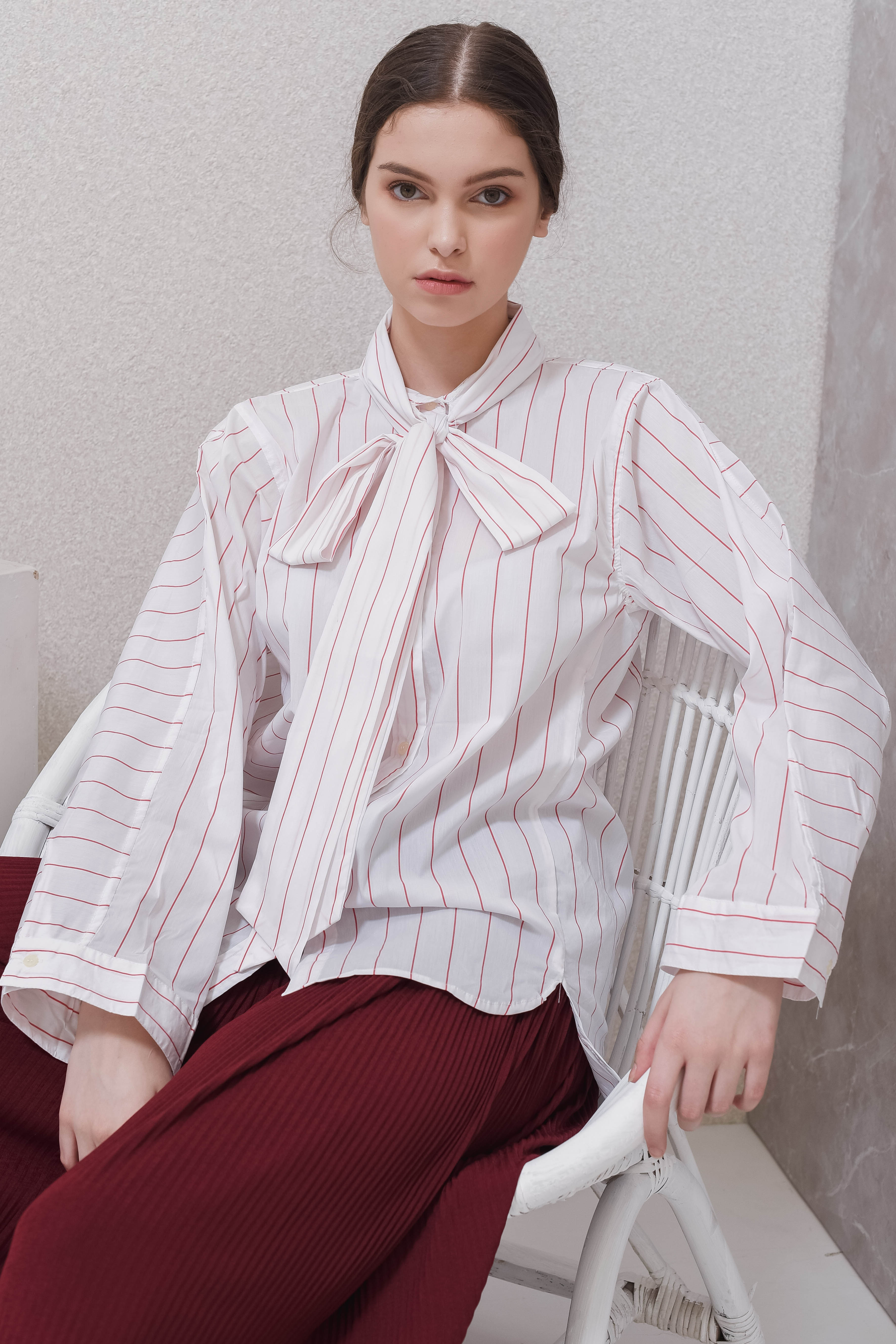 White Striped Shirt with Bow Collar