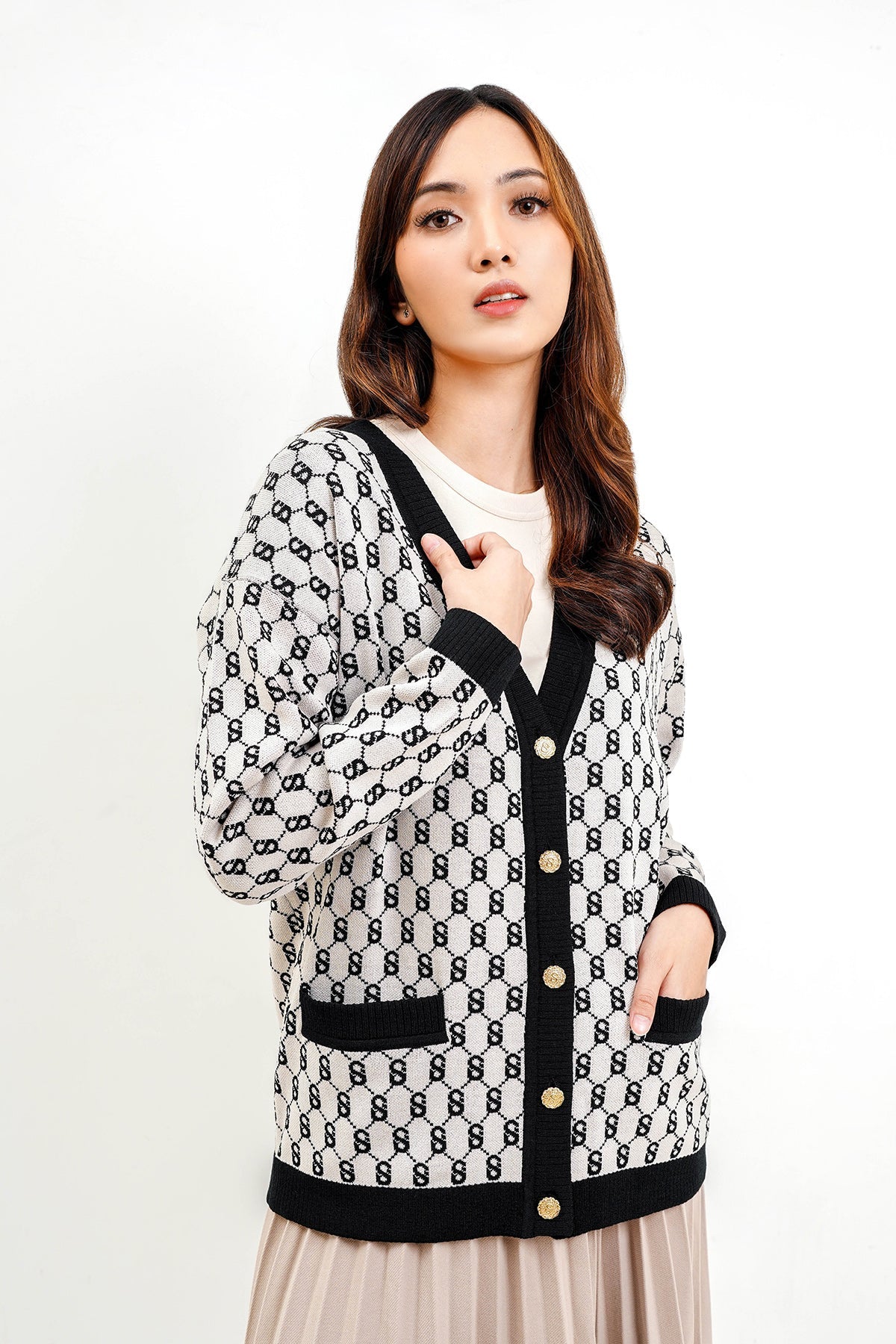 Signature Monogram Cardigan - Cookies and Cream
