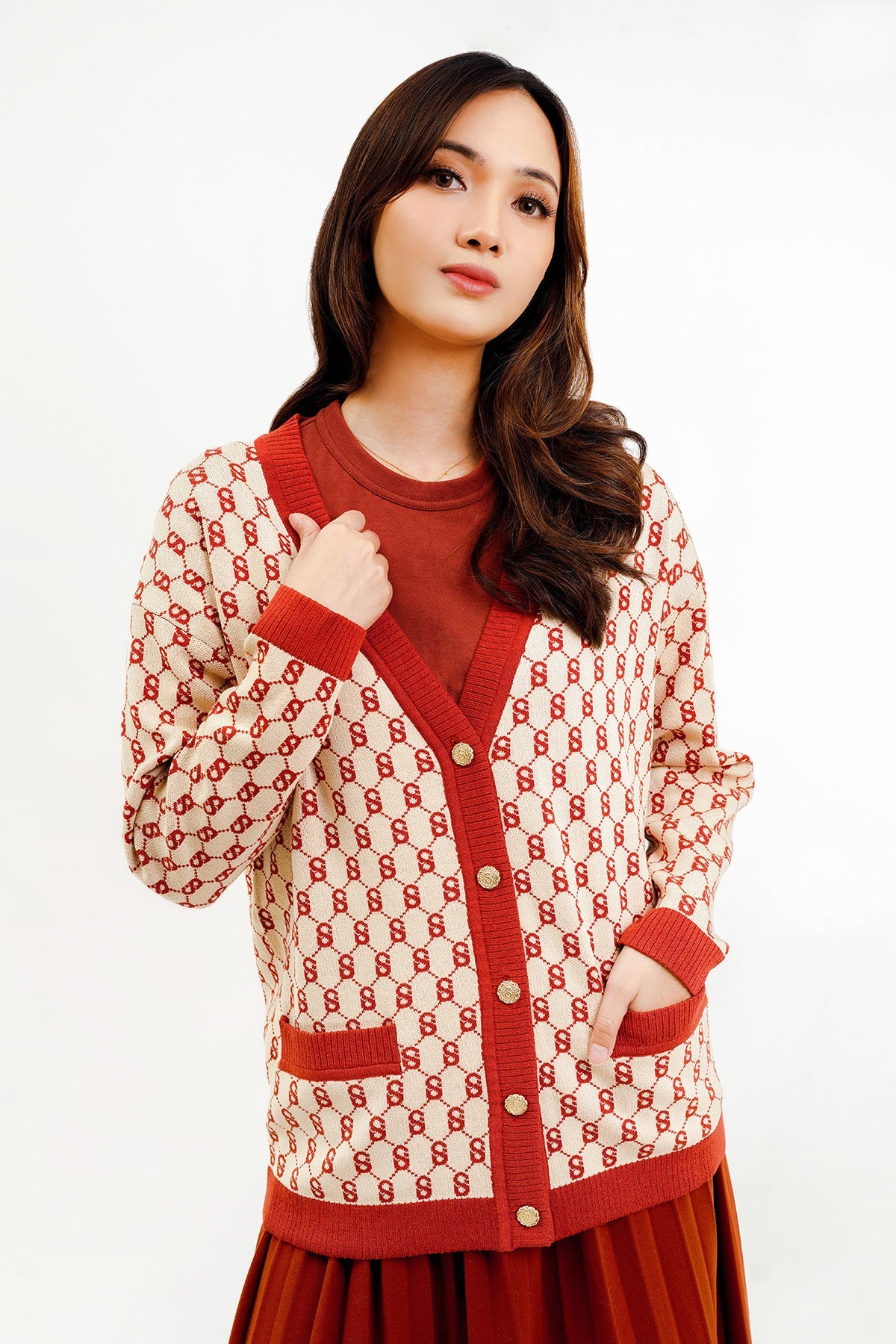Signature Monogram Cardigan - Red Velvet