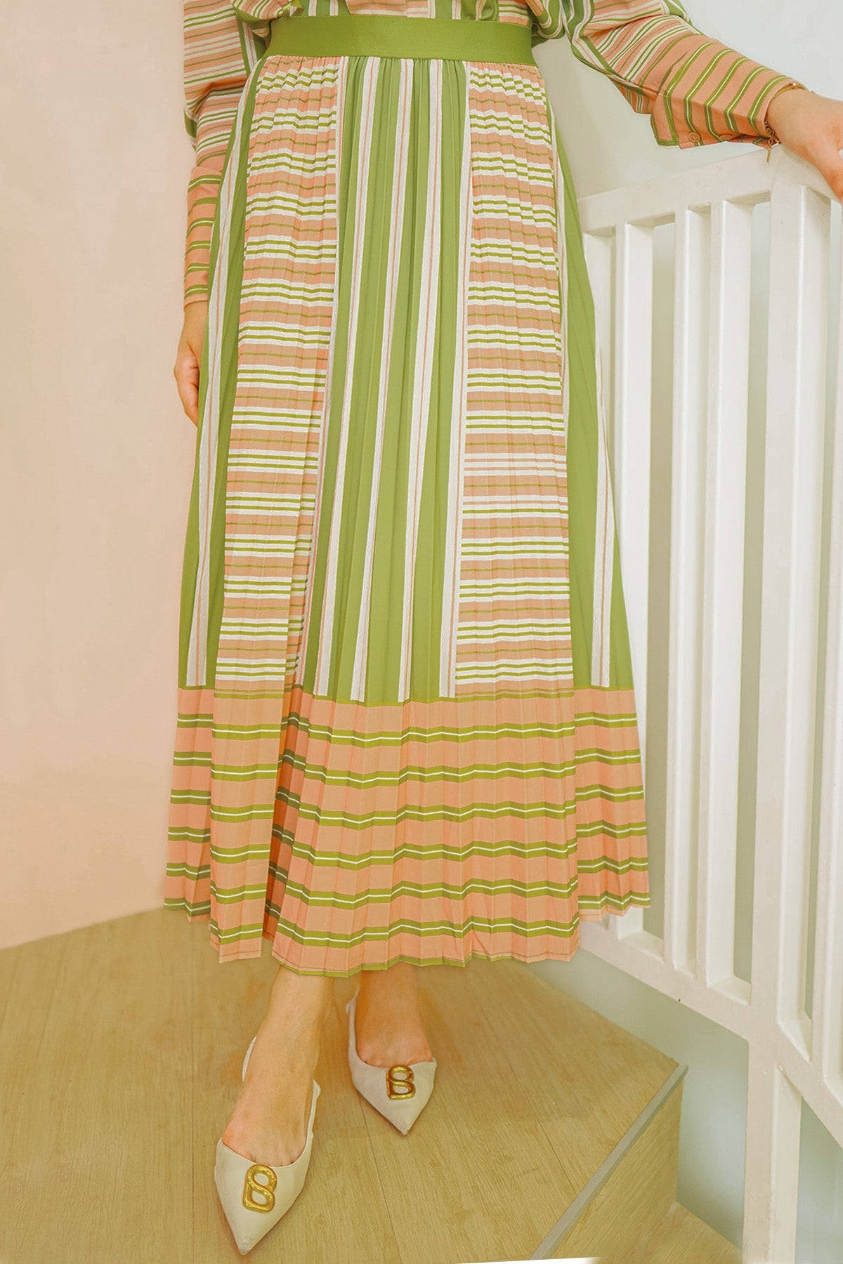 La Bella Stripe Pleated Skirt - Green