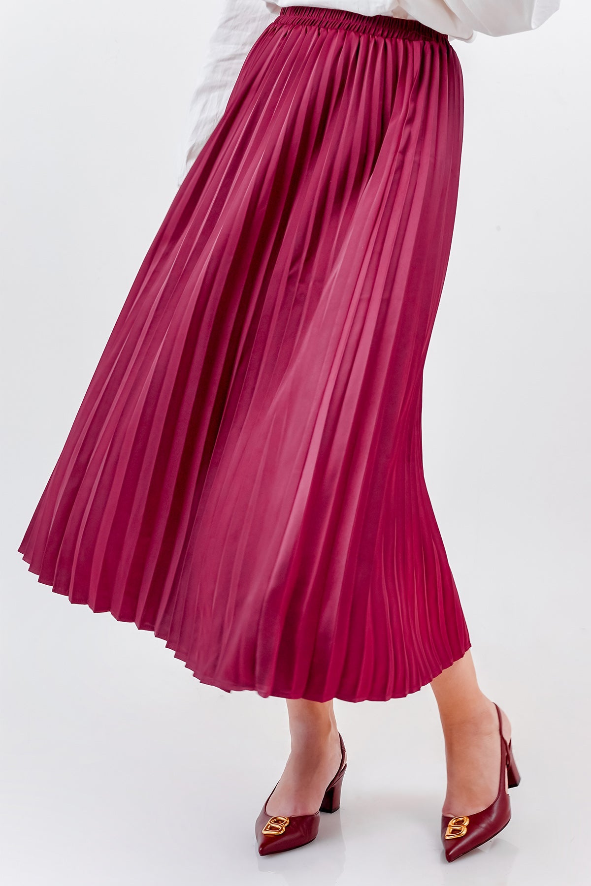 Satin Pleats Skirt - Berry