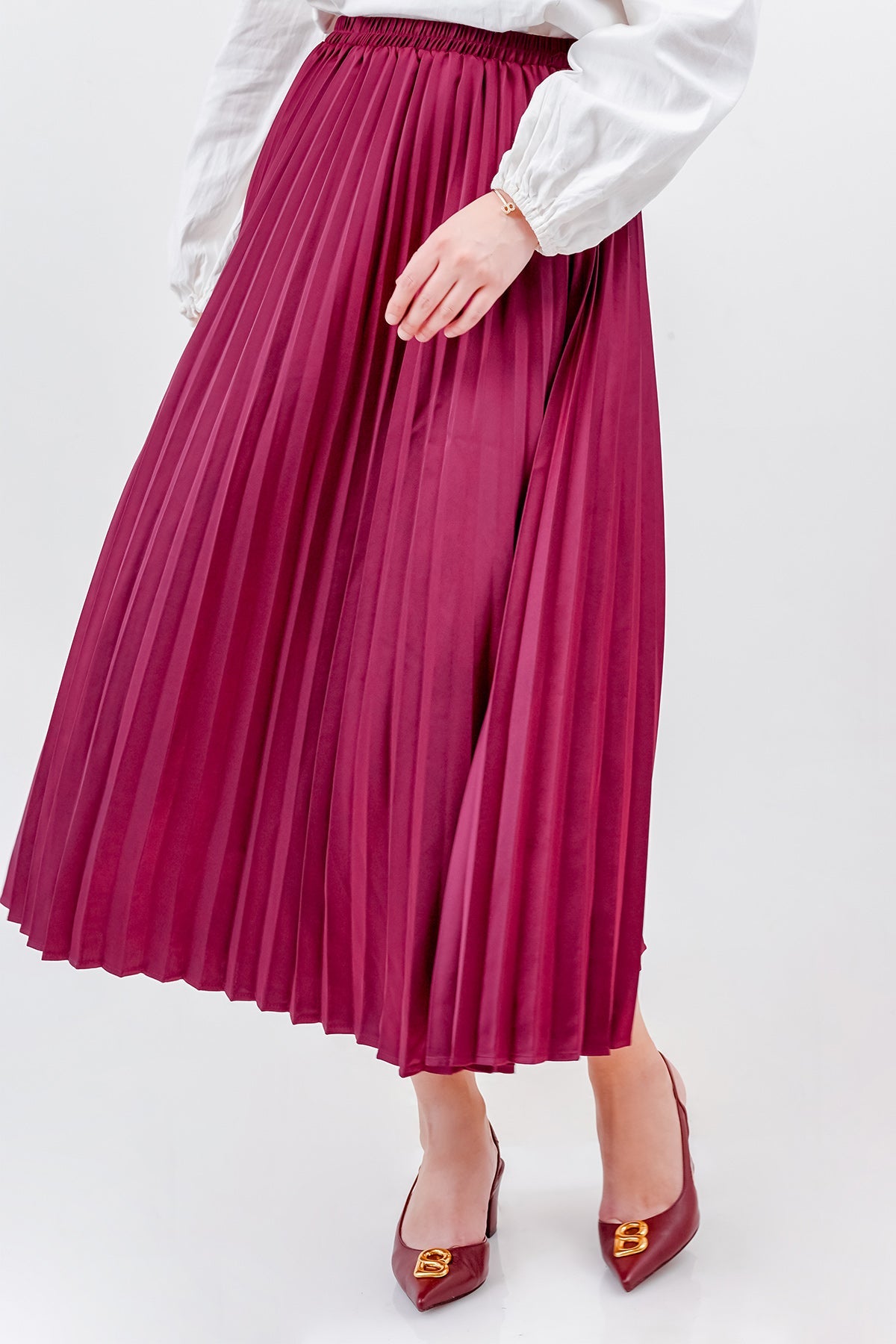 Satin Pleats Skirt - Berry
