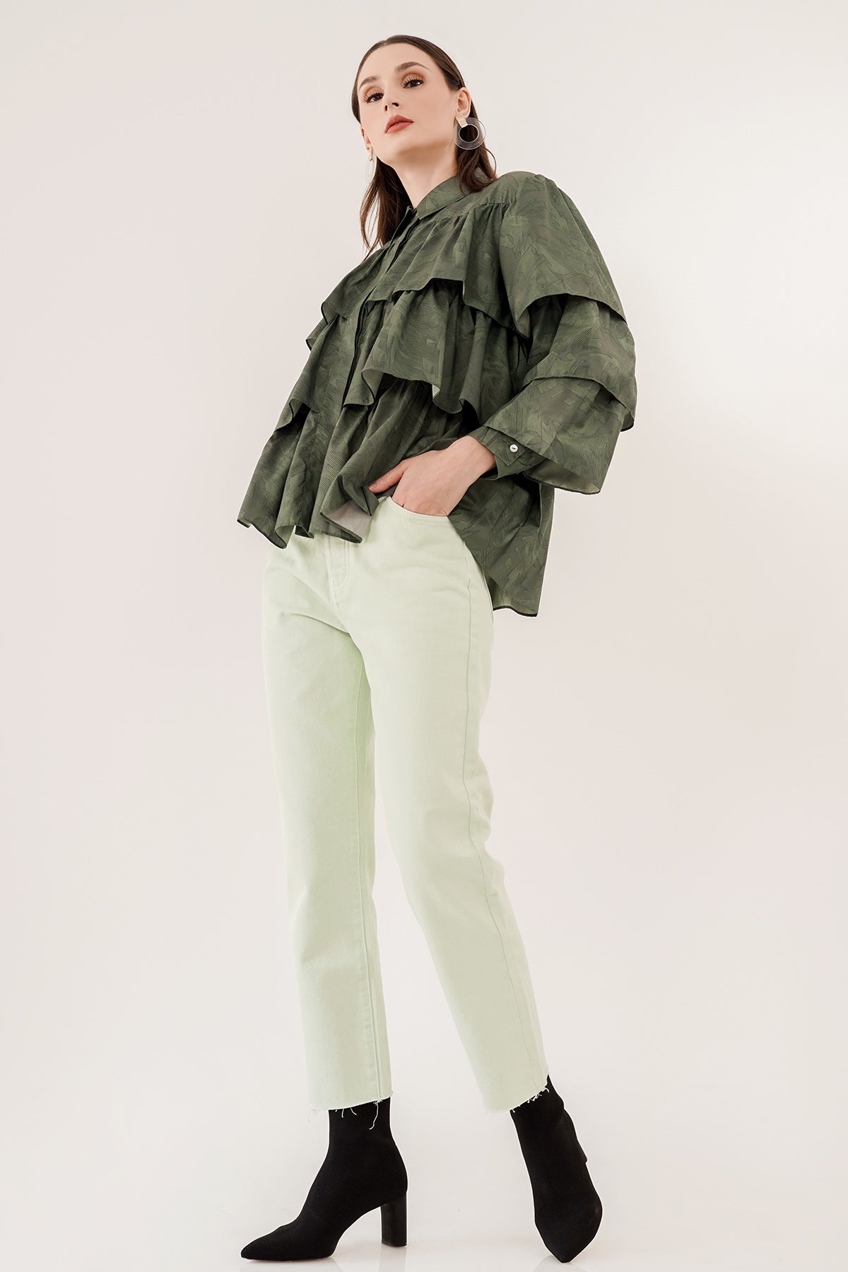 Tiered Ruffle Shirt - Dark Green Abstract