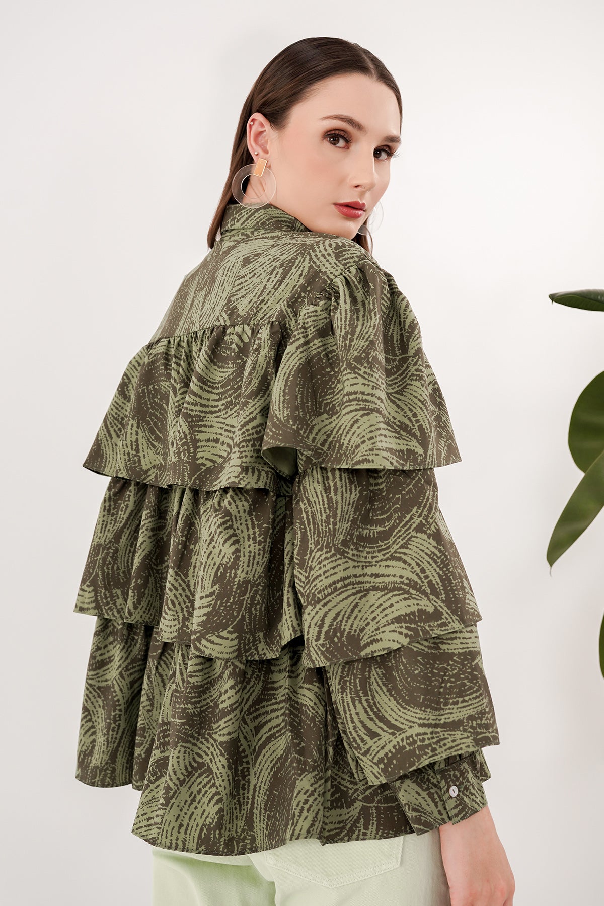 Tiered Ruffle Shirt - Two Tone Green Abstract