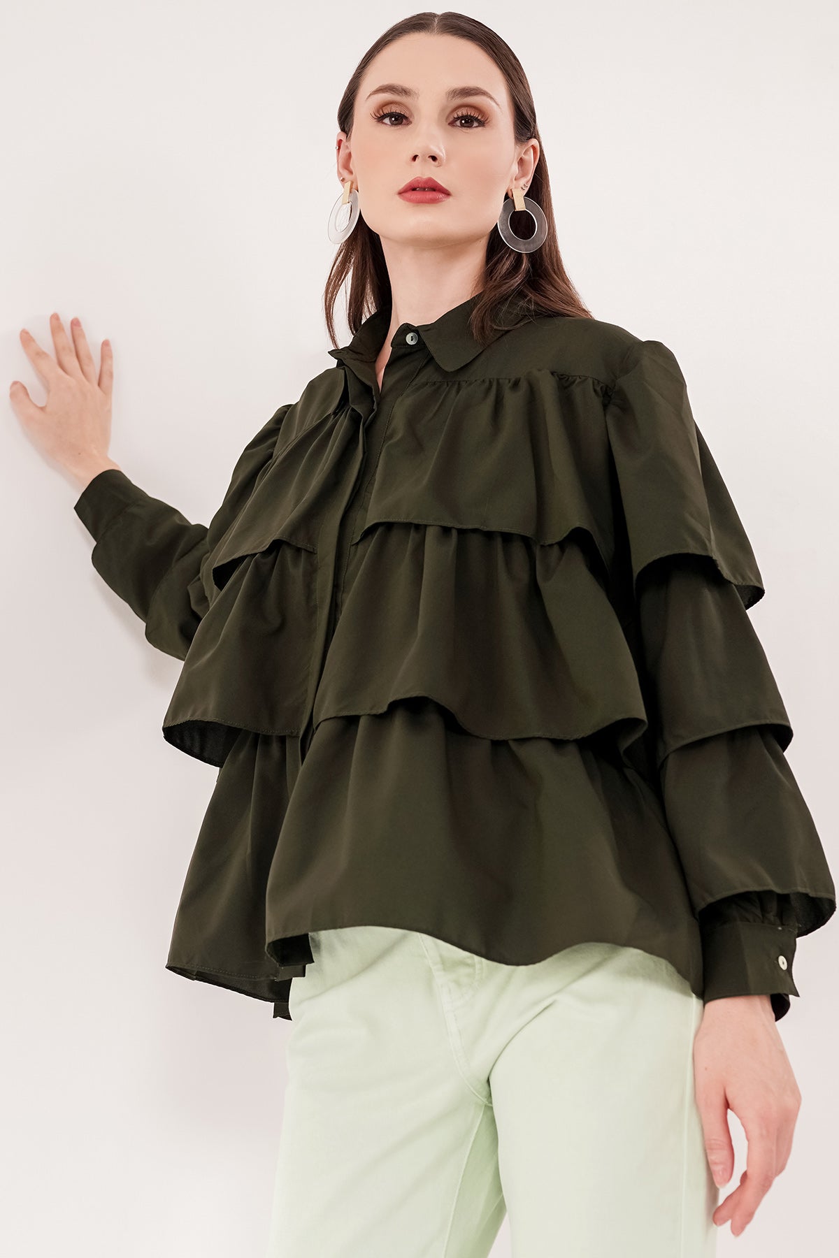Tiered Ruffle Shirt - Dark Green