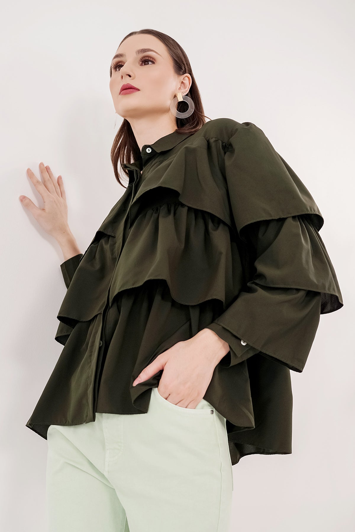 Tiered Ruffle Shirt - Dark Green