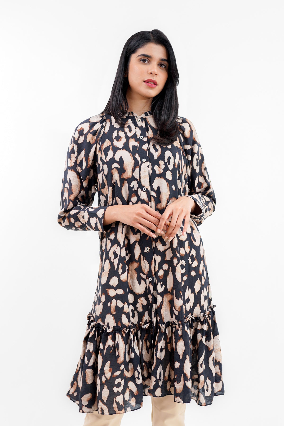 Leonny Shirt Dress with Ruffle - Black