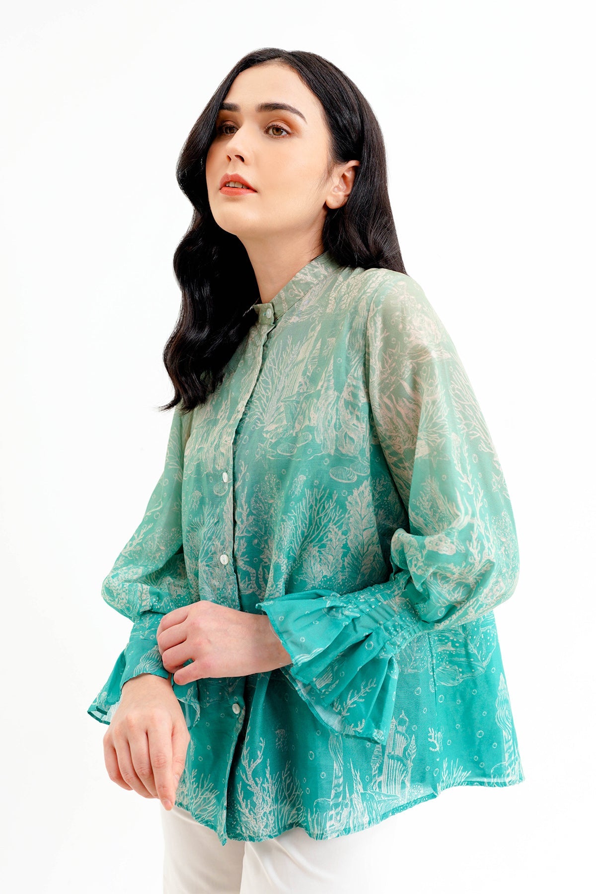 El Mar Minorca Shirt with Puff Sleeve - Aqua
