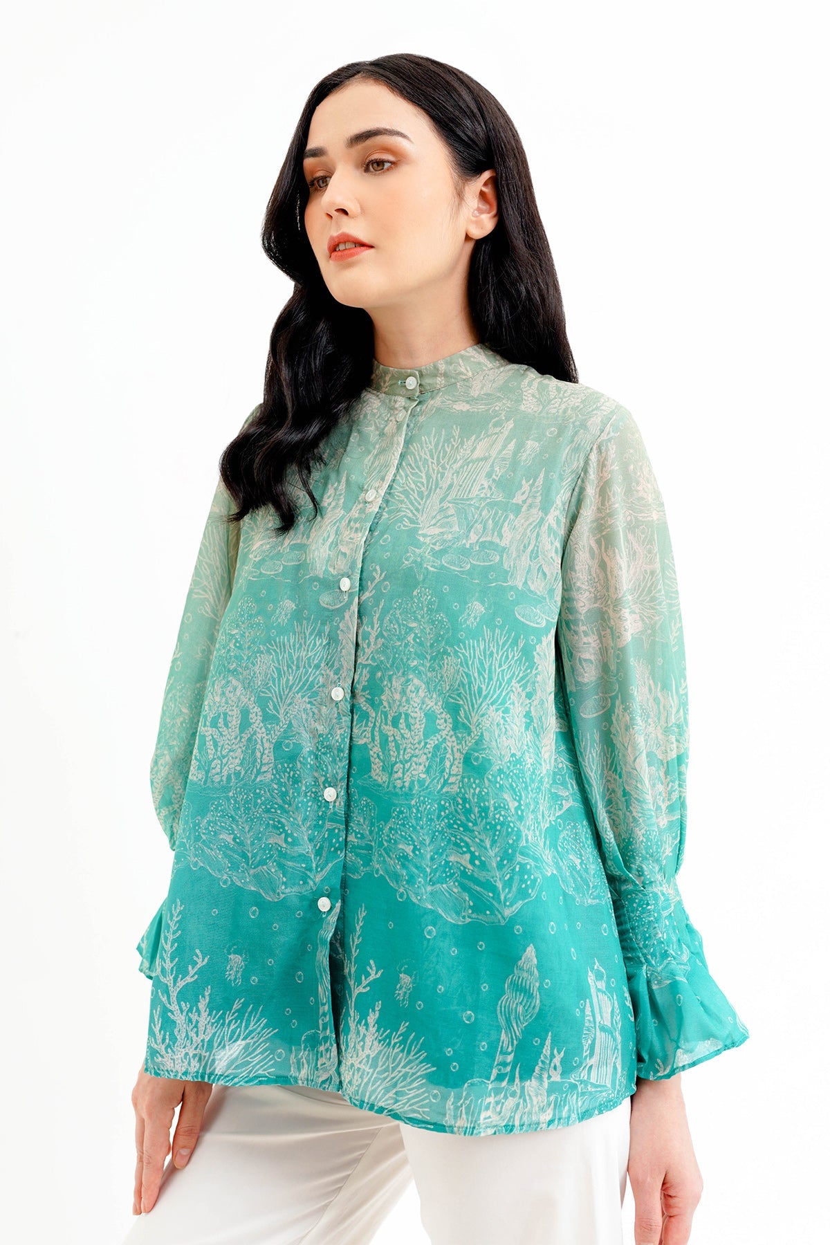 El Mar Minorca Shirt with Puff Sleeve - Aqua