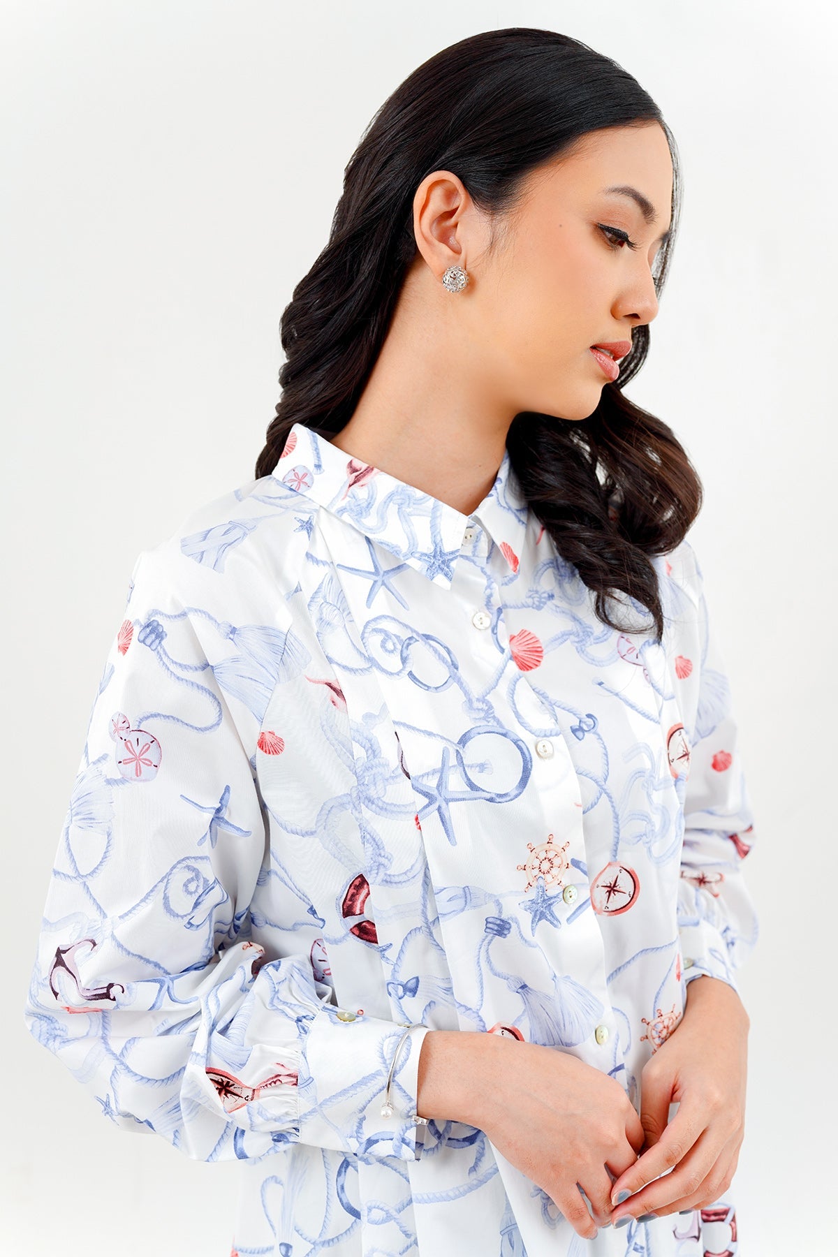 Nautical Shirt with Puff Sleeve - White