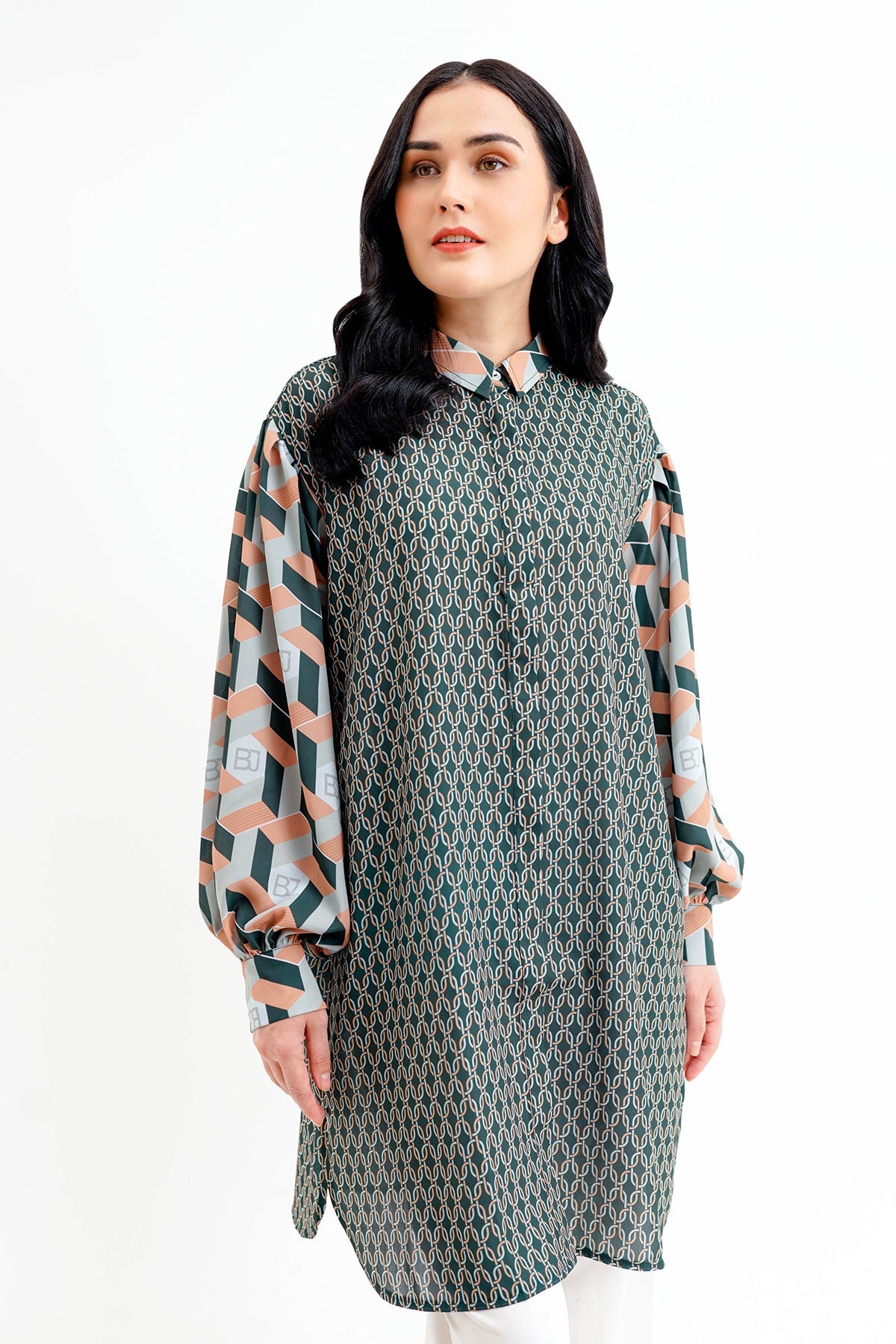 Arnia Mix Fabric Long Shirt - Green