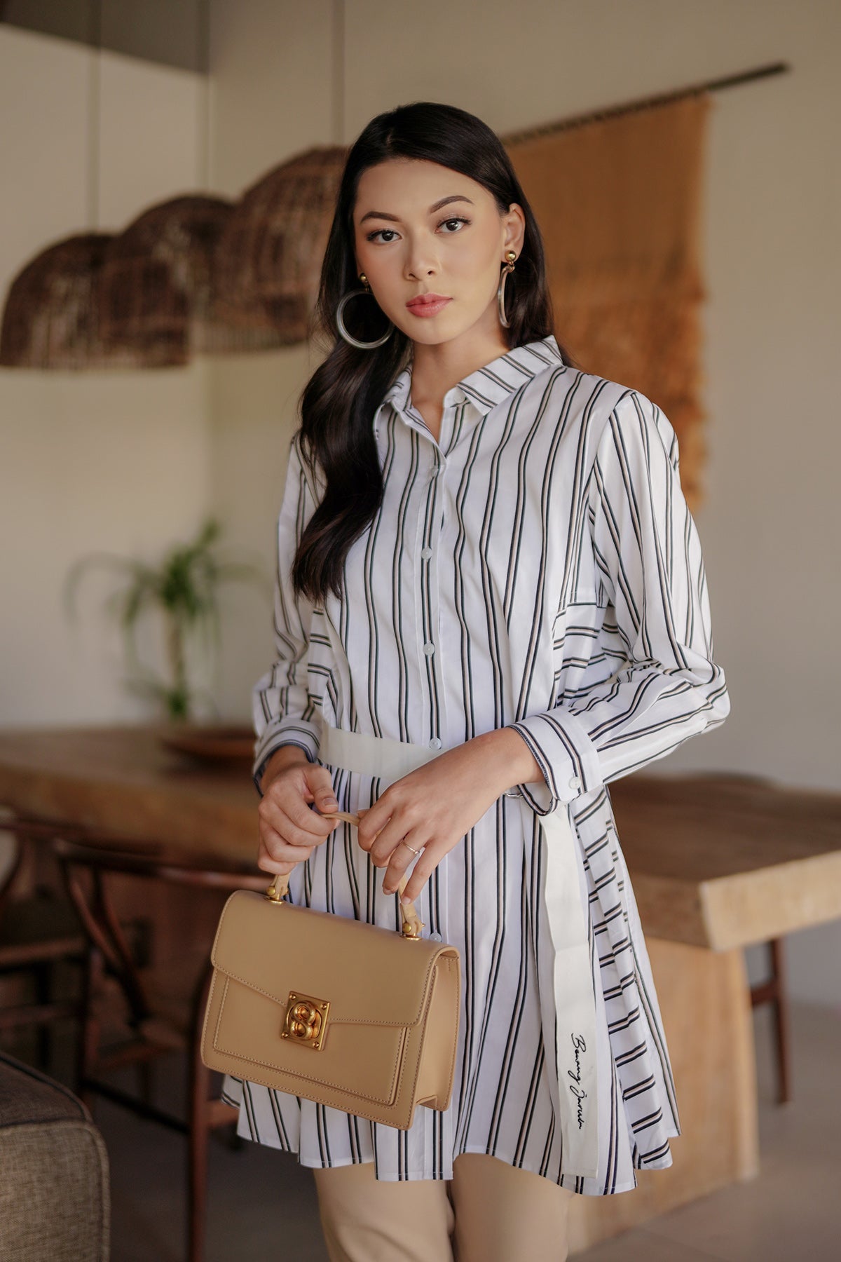 Ola Shirt with Belt - White/Black Stripes