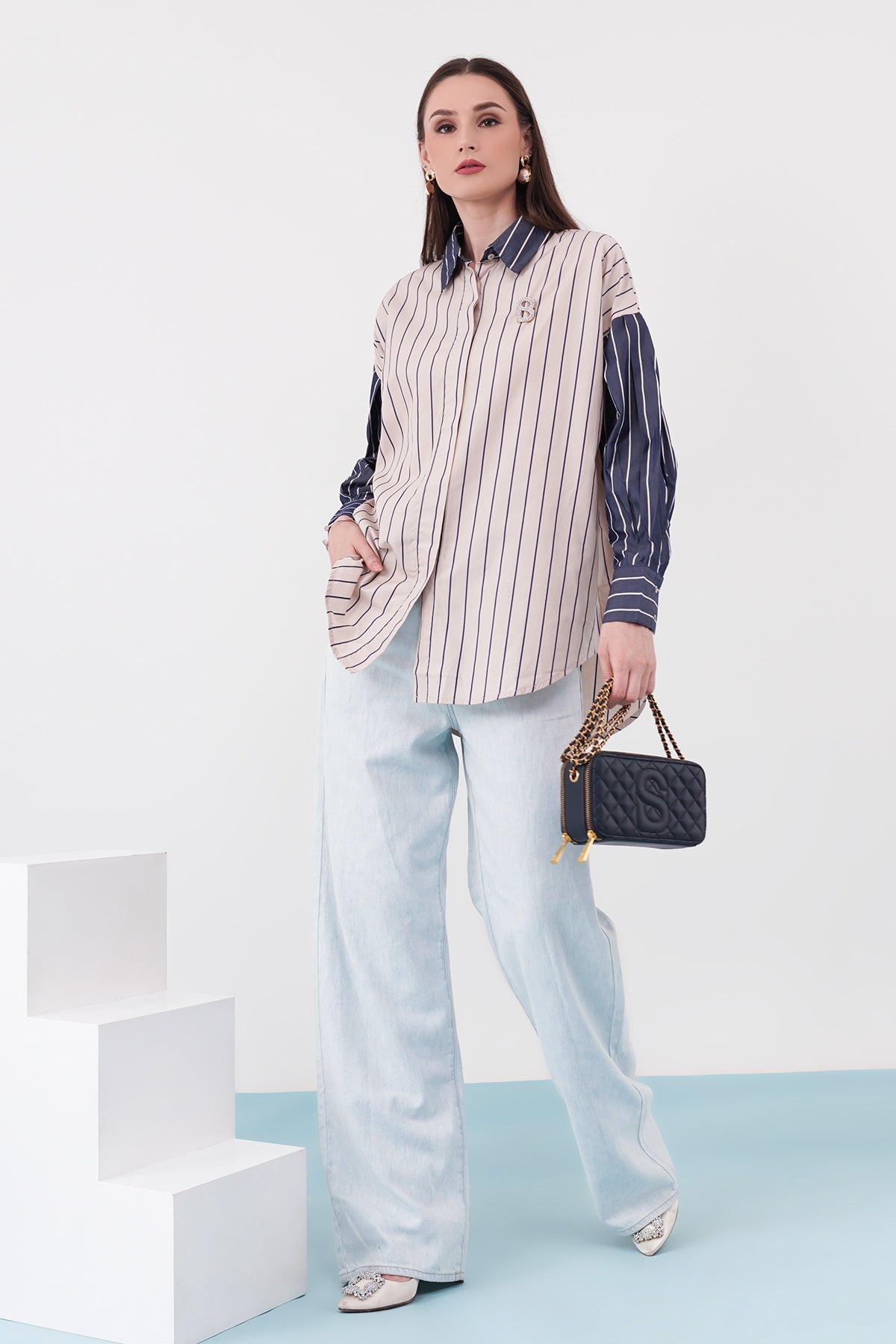 Yaya Shirt - Cream/Blue