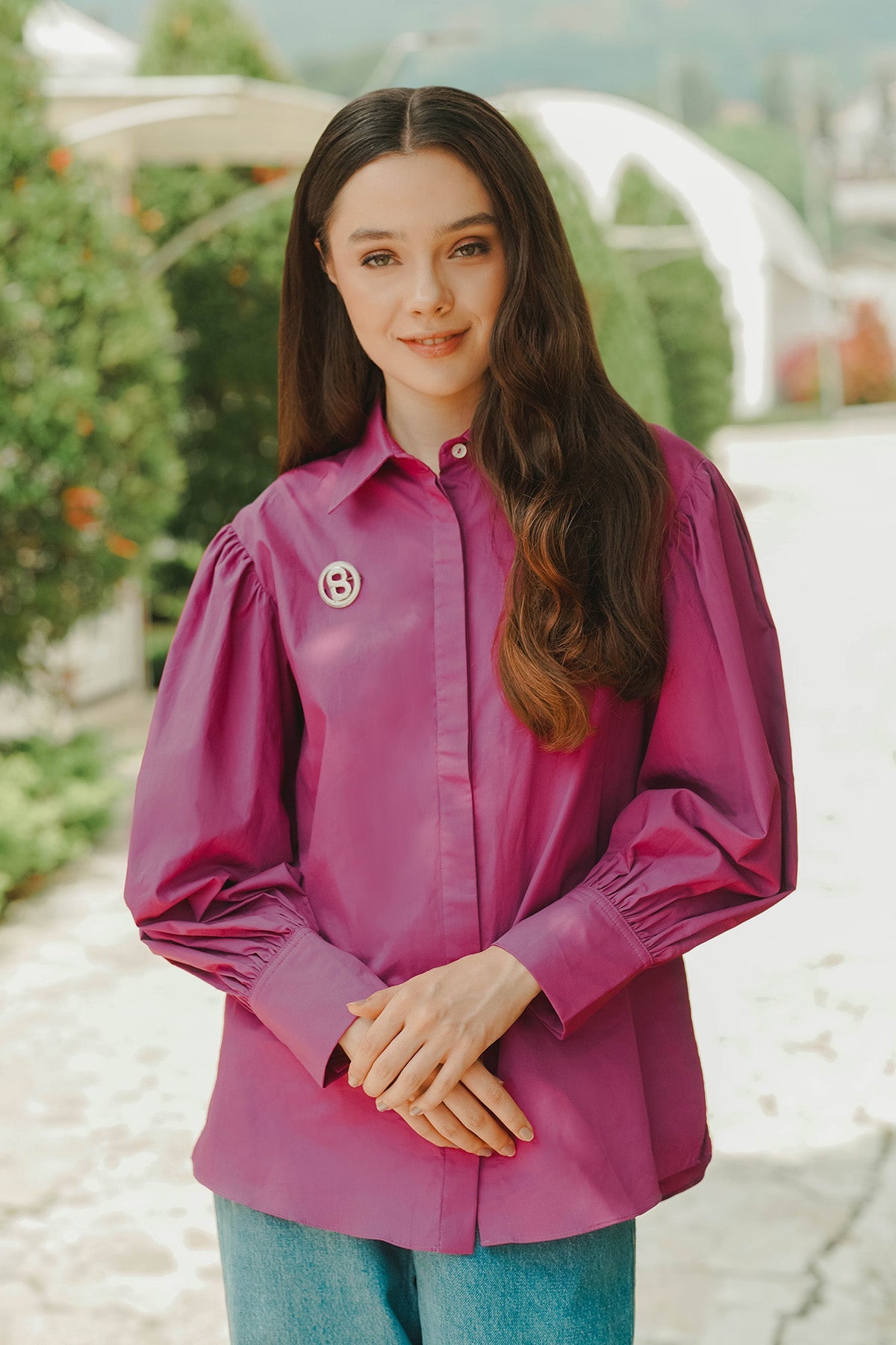 Amanda Shirt with Puff Sleeve - Fuschia
