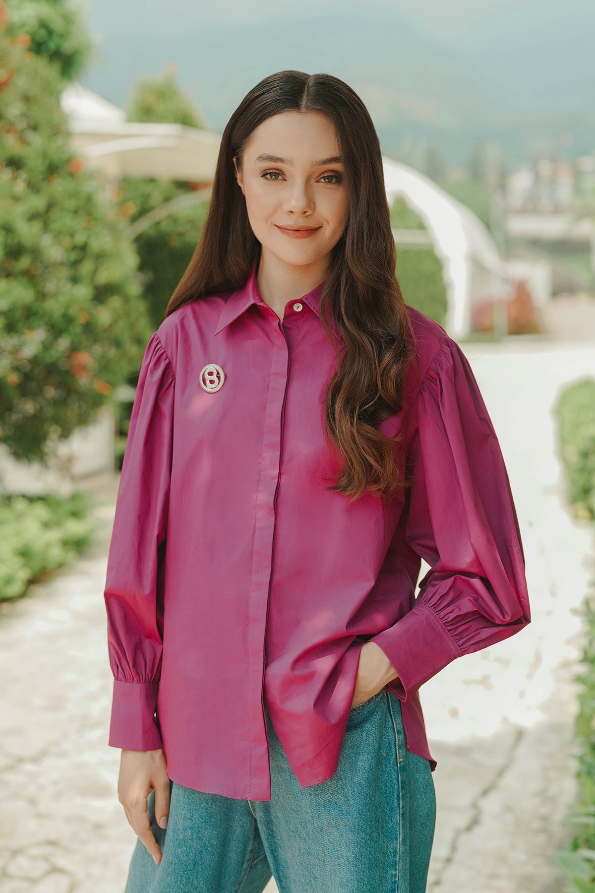 Amanda Shirt with Puff Sleeve - Fuschia
