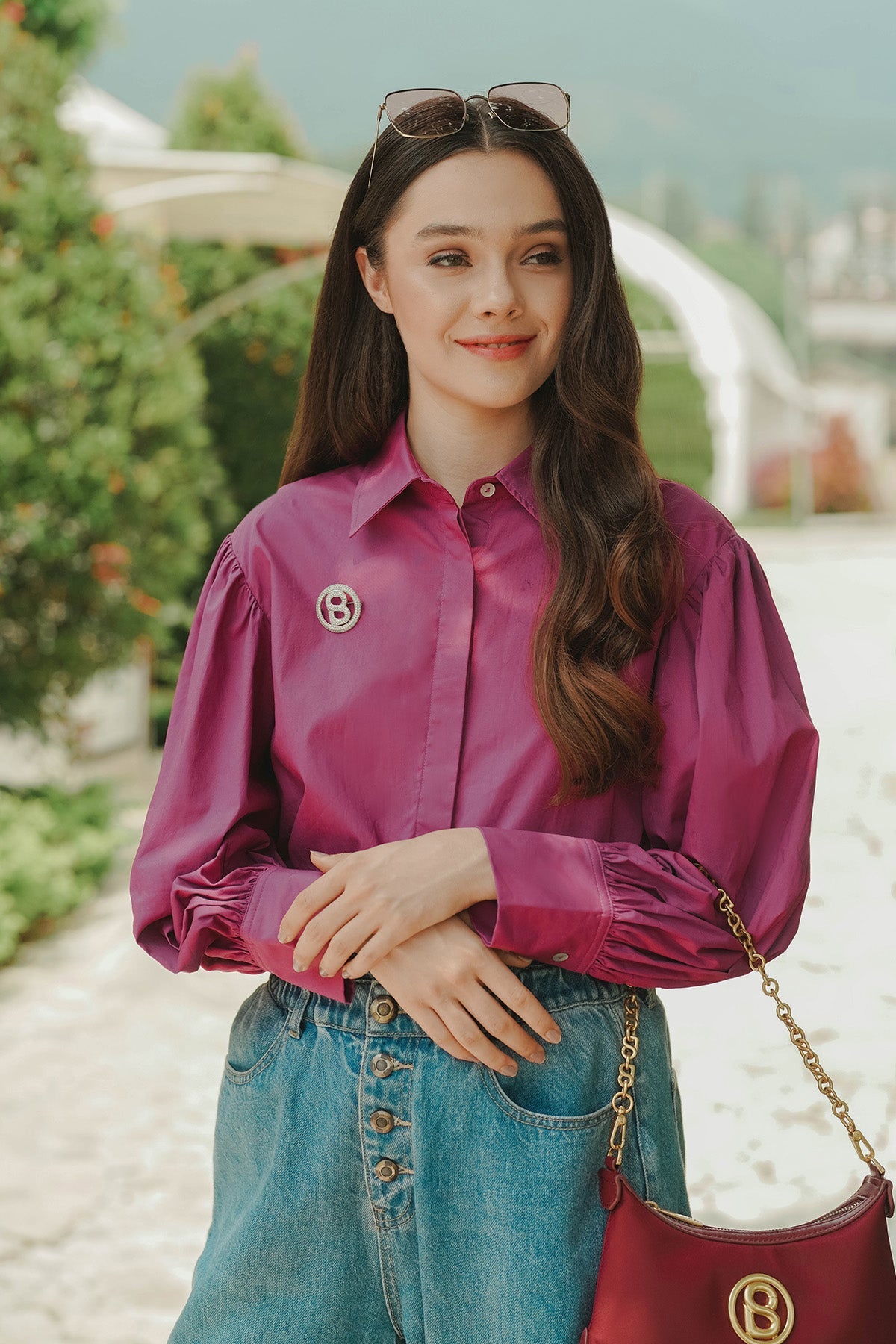 Amanda Shirt with Puff Sleeve - Fuschia