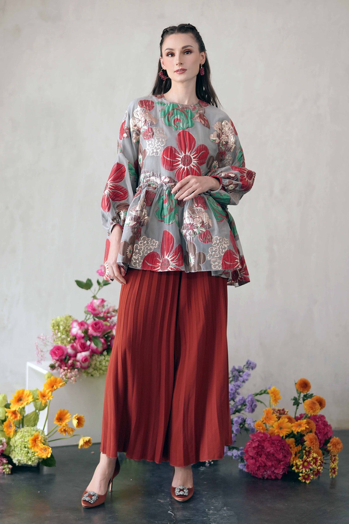 Floral Organza Peplum Blouse - Red
