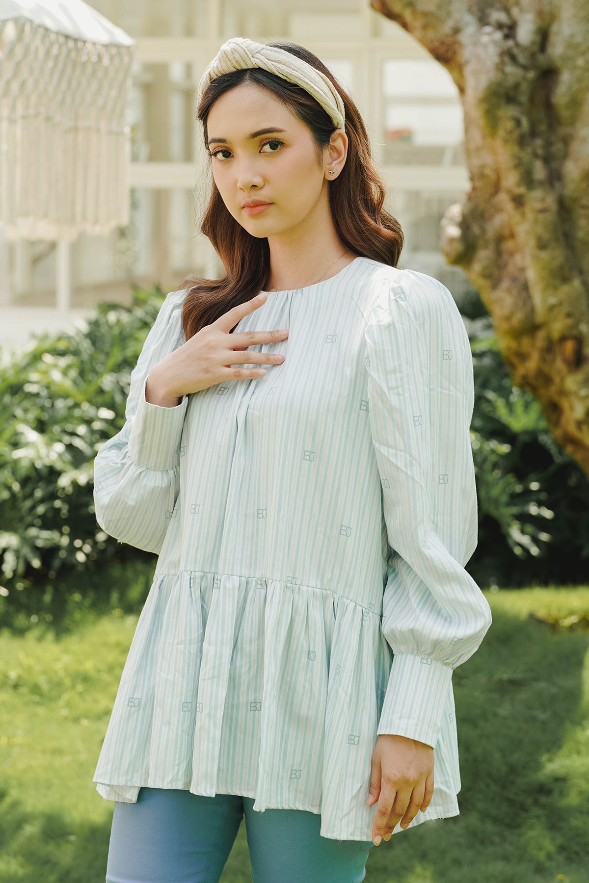 Monogram Stripe Peplum Blouse - Blue