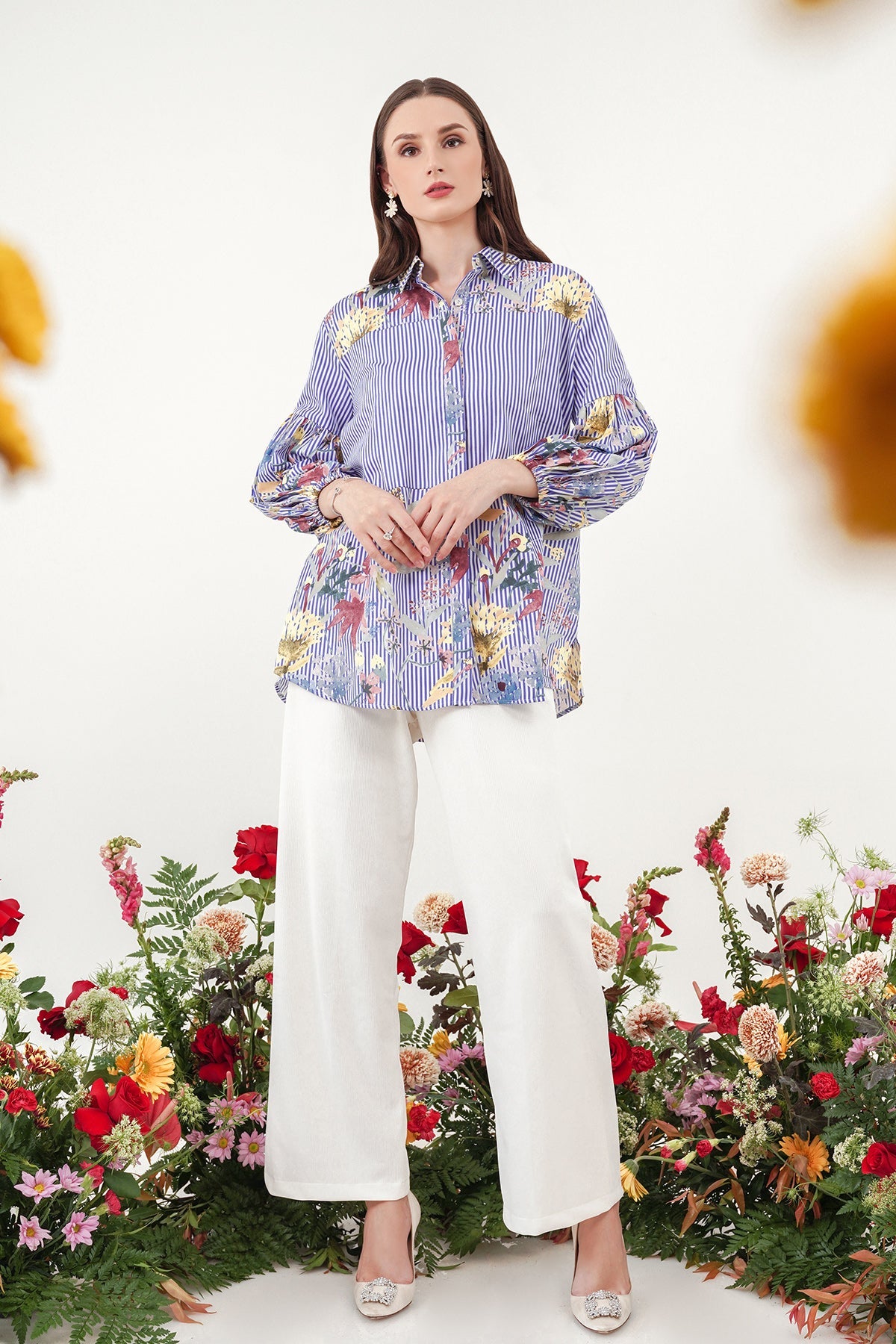 Romantic Garden Shirt with Puff Sleeve - Blue