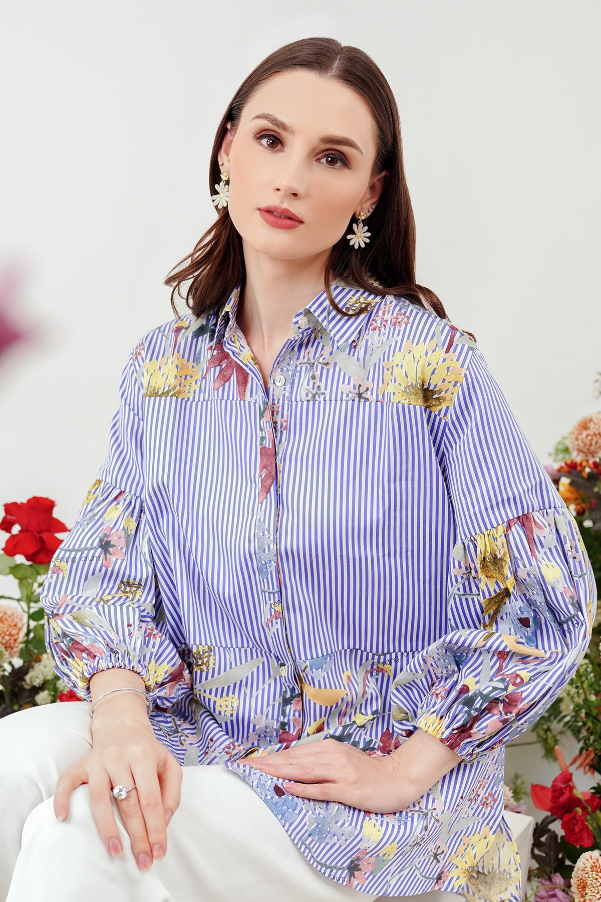 Romantic Garden Shirt with Puff Sleeve - Blue