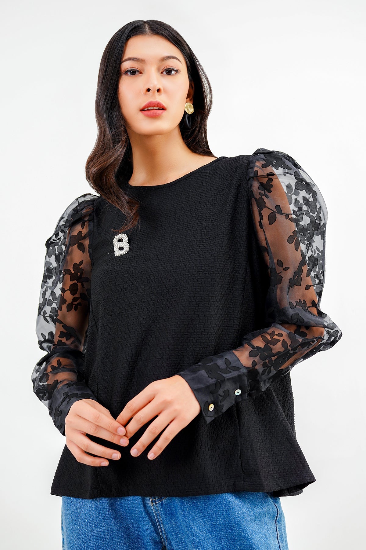 Carla Organza Sleeve Top - Black