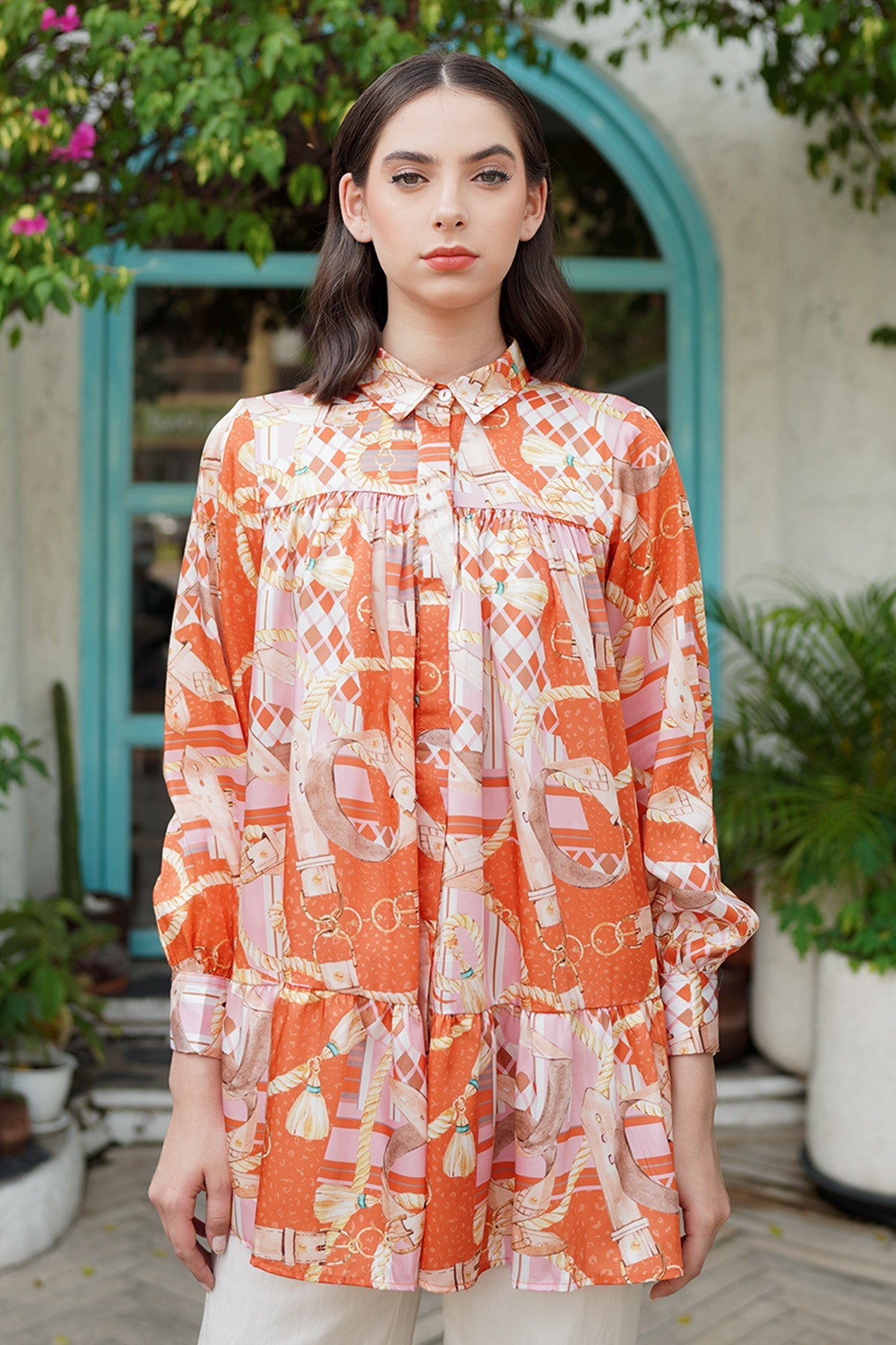 The Chain La Bella Satin Shirt with Gathers - Orange