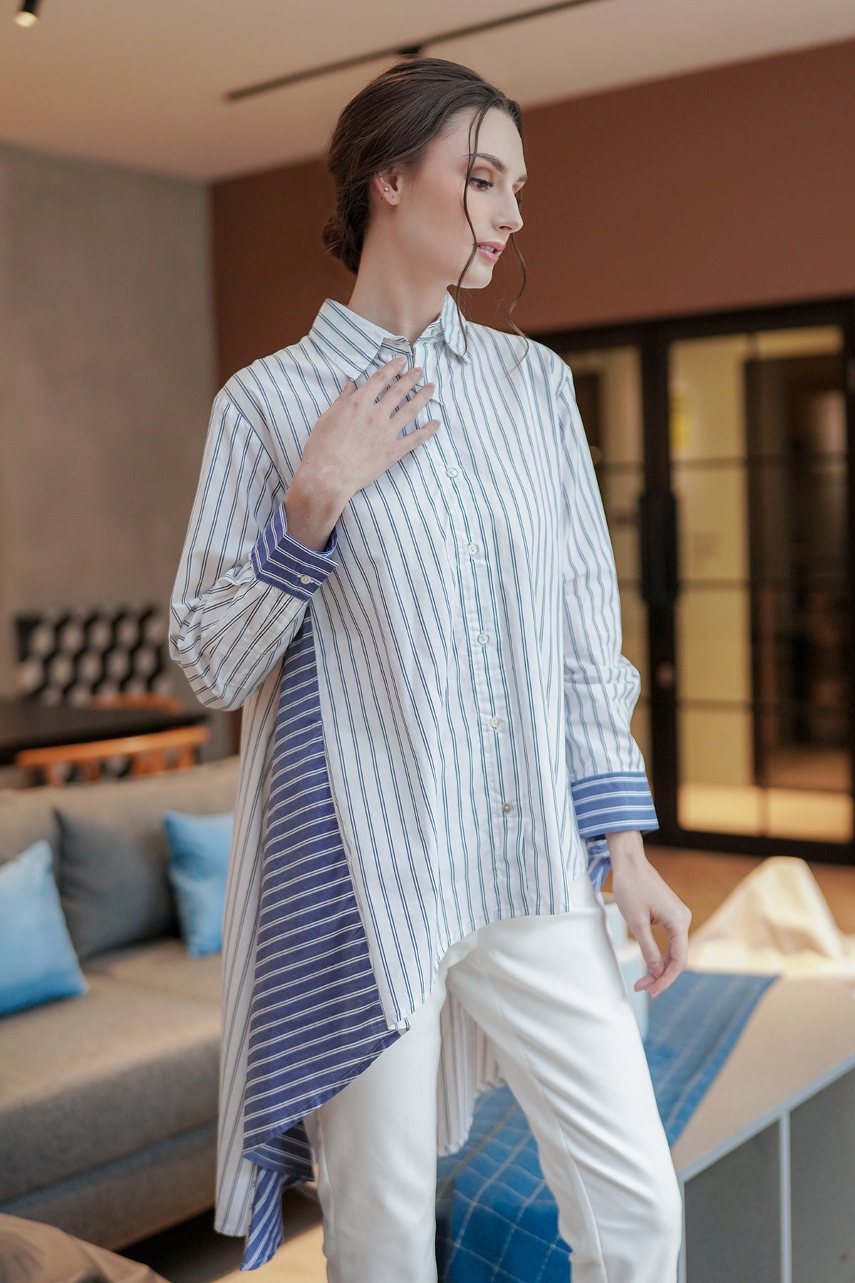 Gemma Asymmetrical Shirt - Mix Stripes