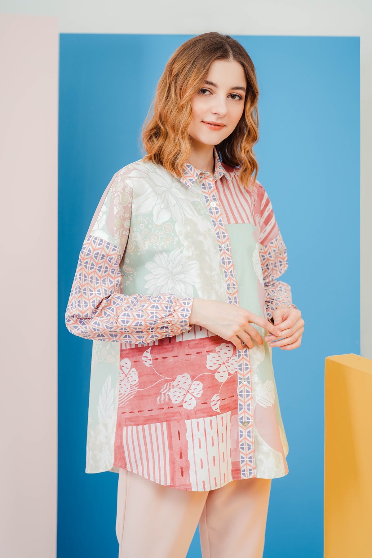 Nami Mix Fabric Shirt - Red