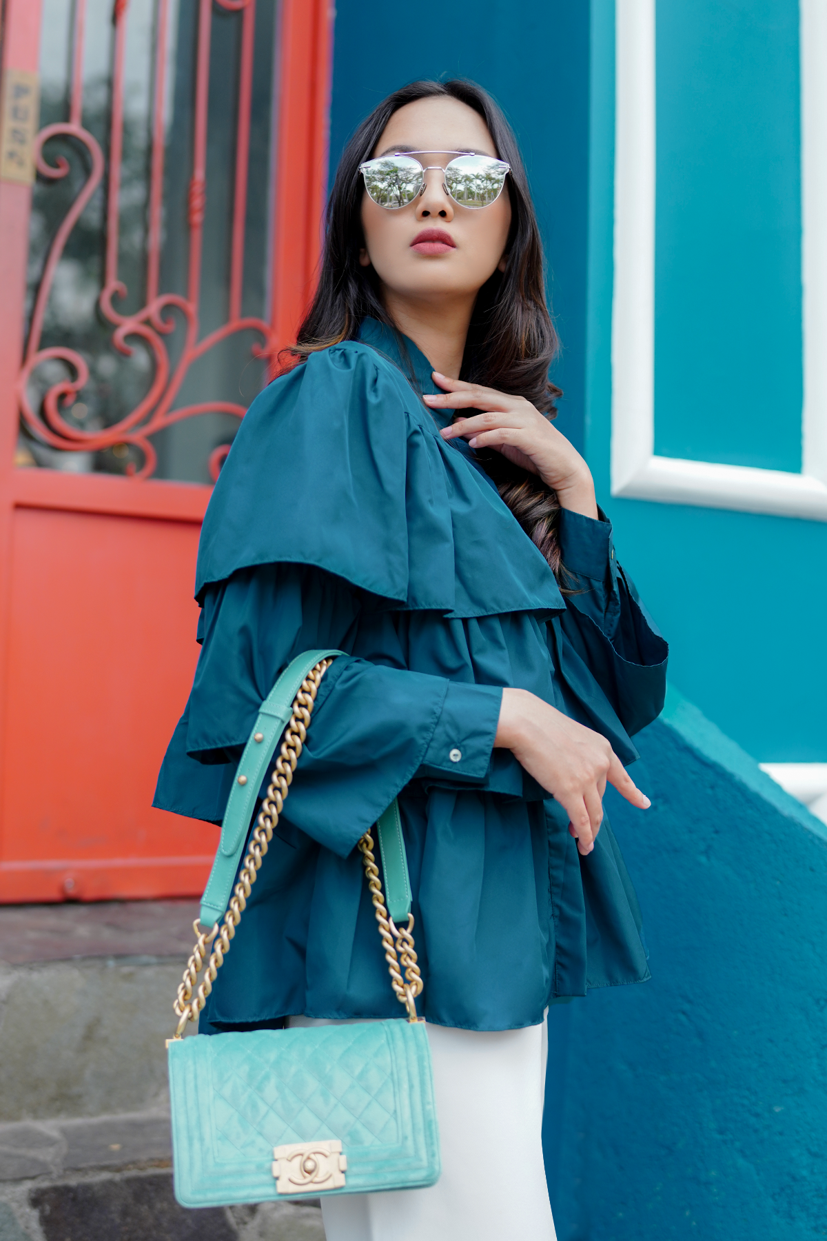 Teal Blue Tiered Ruffle Shirt