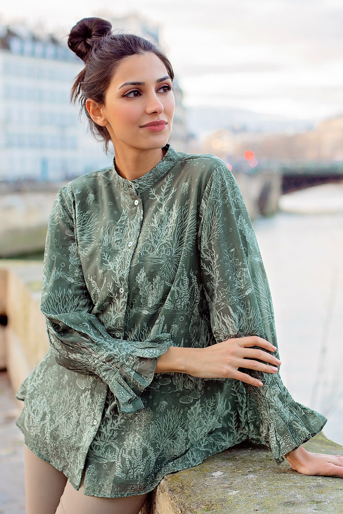 El Mar Minorca Shirt with Puff Sleeve - Dark Green