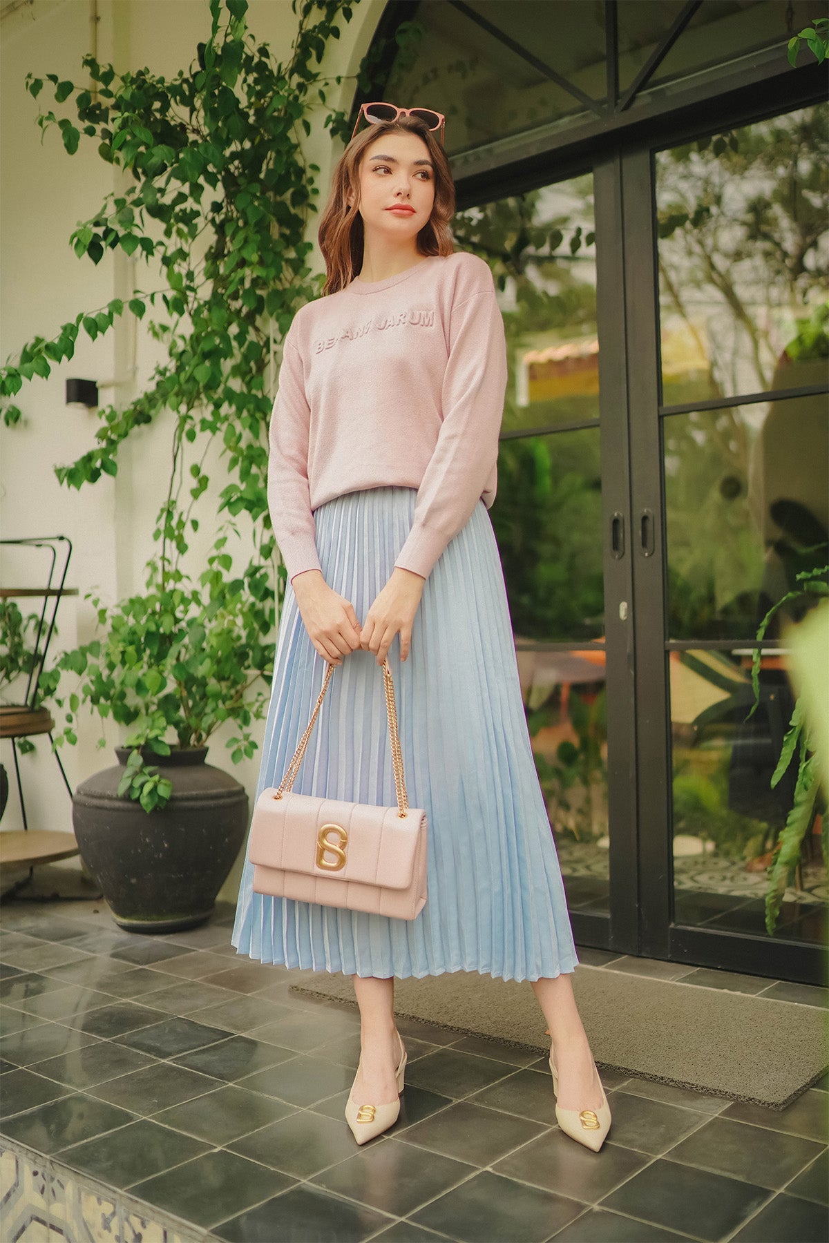 Satin Pleats Skirt - Light Blue