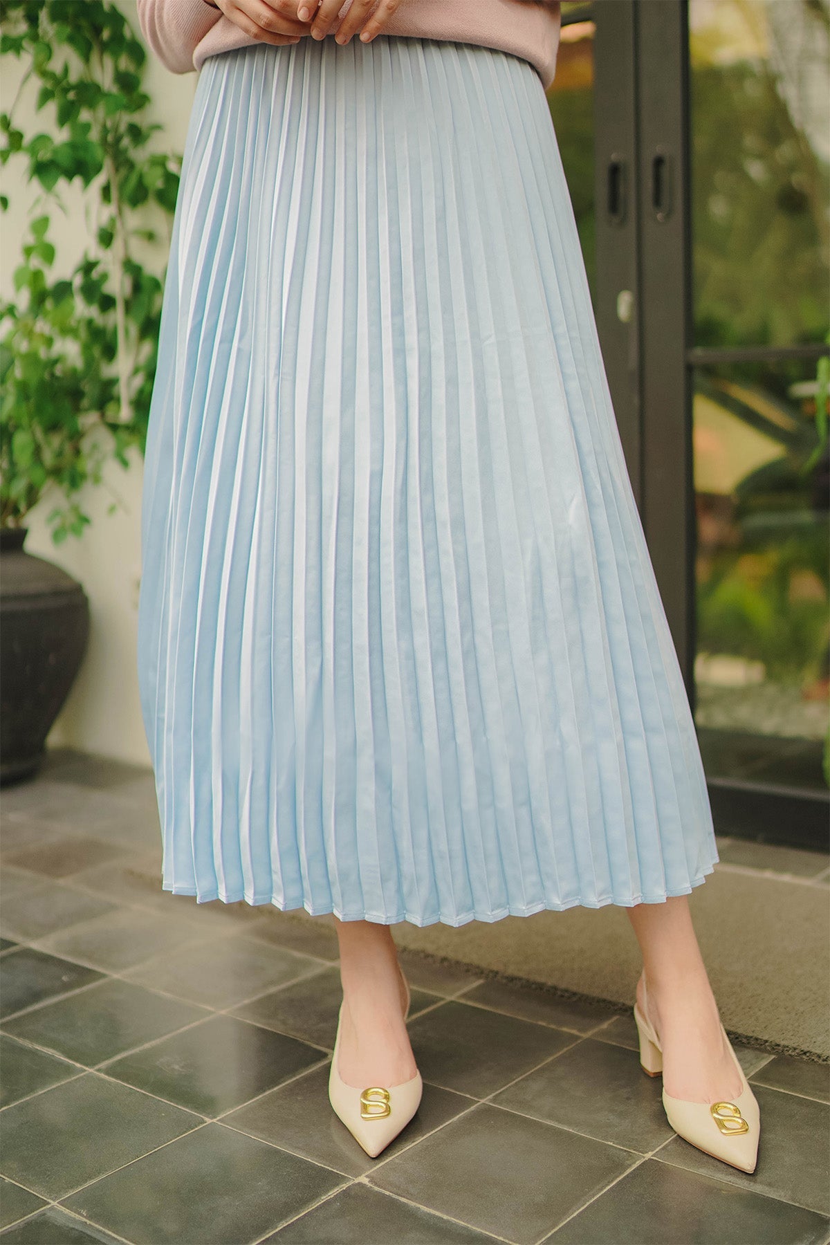 Satin Pleats Skirt - Light Blue