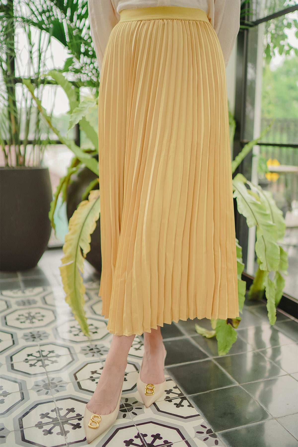 Satin Pleats Skirt - Yellow
