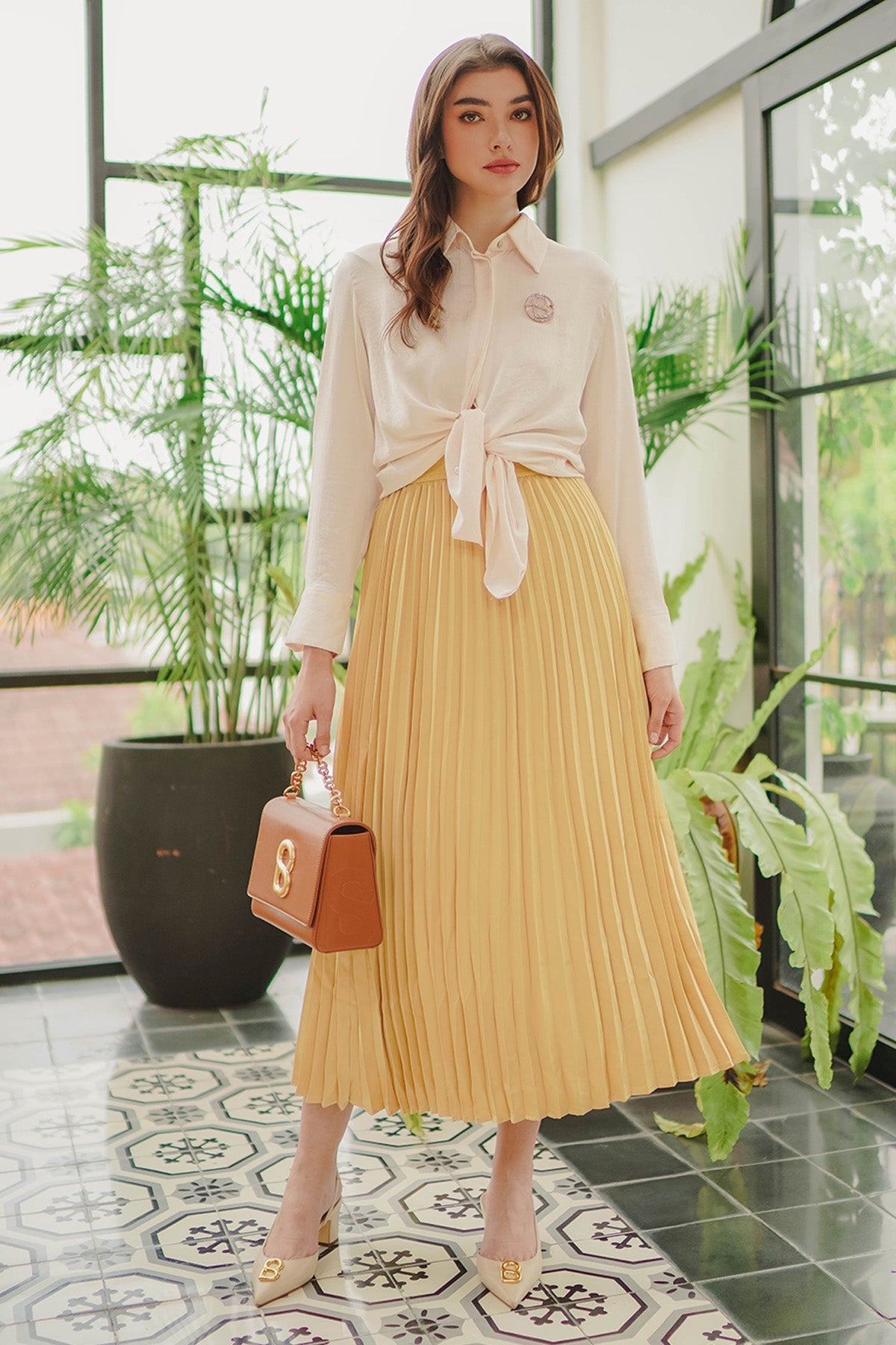 Satin Pleats Skirt - Yellow