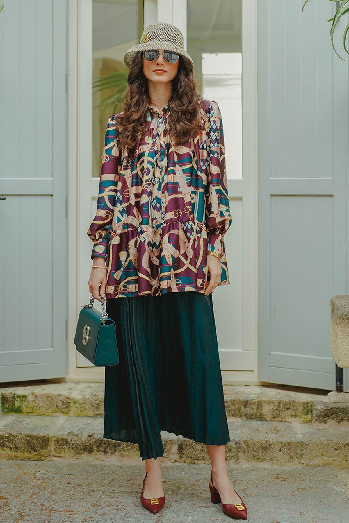 The Chain La Bella Satin Shirt with Gathers - Maroon