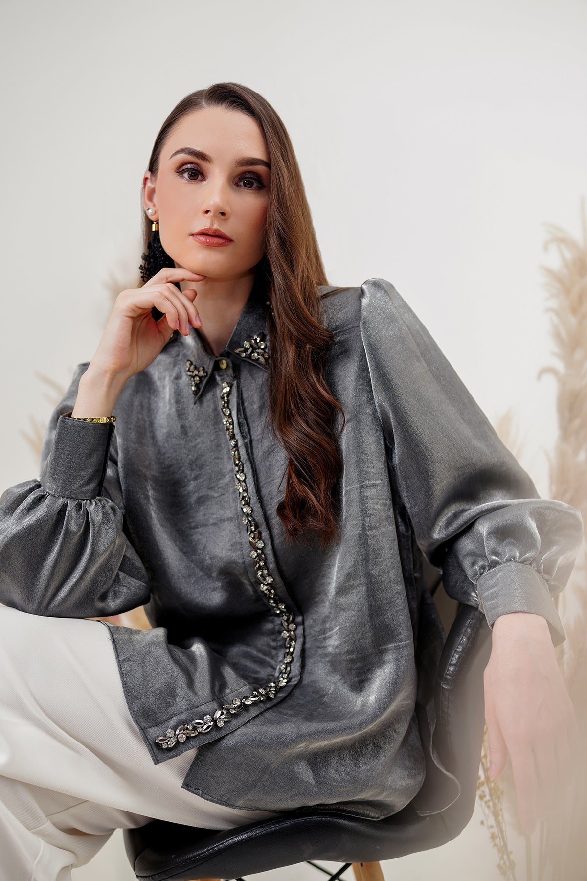 Velvet Shirt with Beads - Light Grey