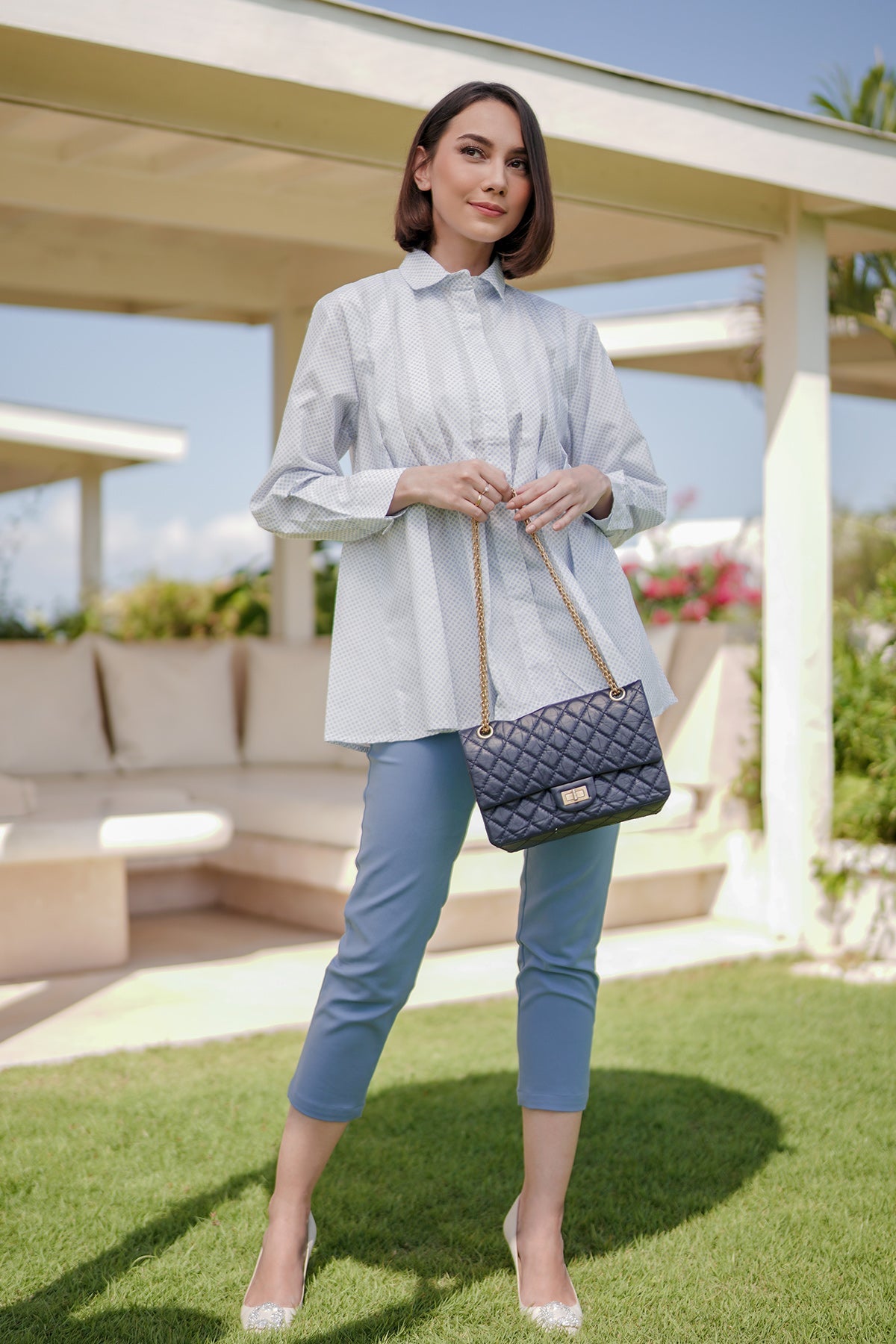 Savanna Ruffle Shirt - Blue Polka