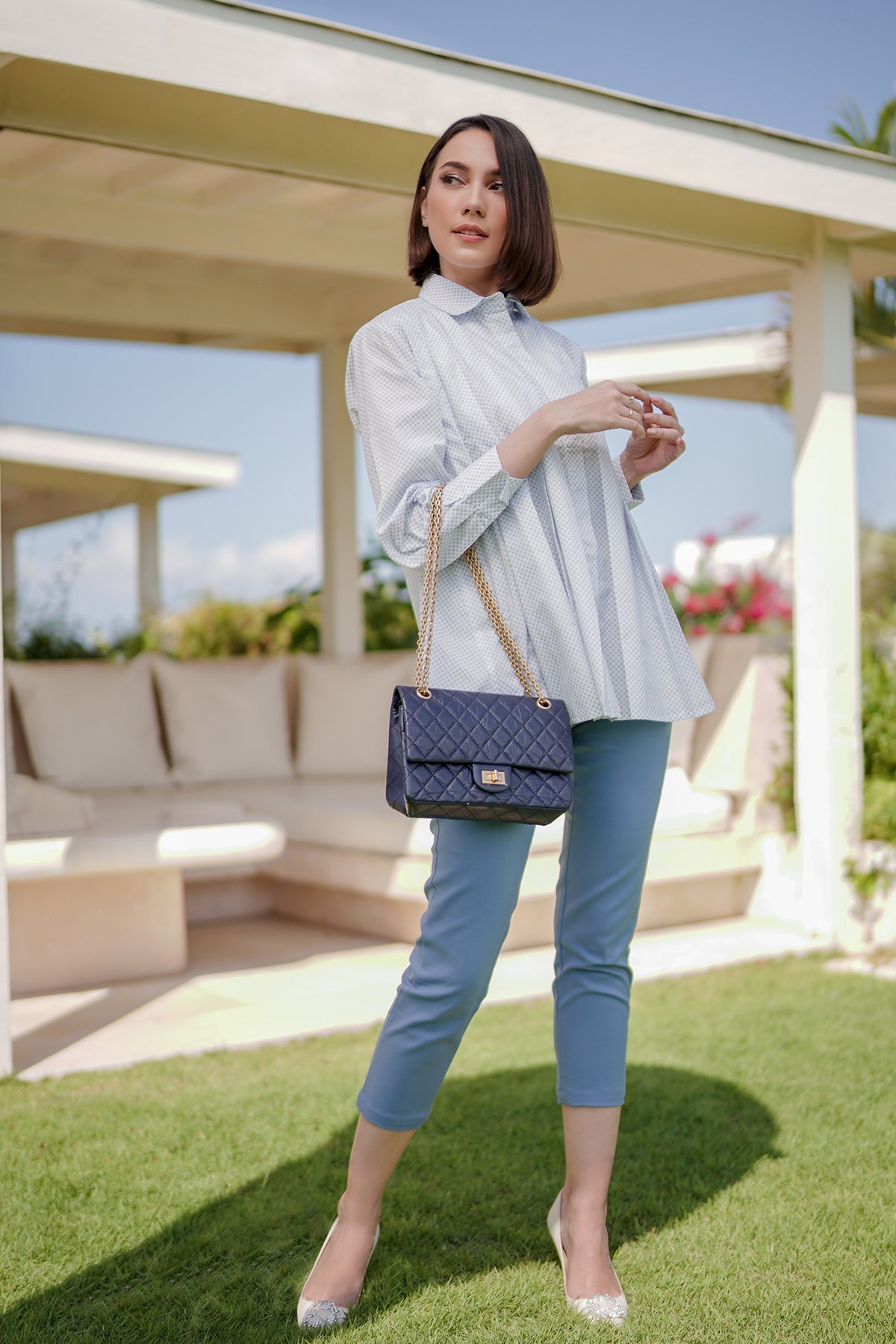Savanna Ruffle Shirt - Blue Polka