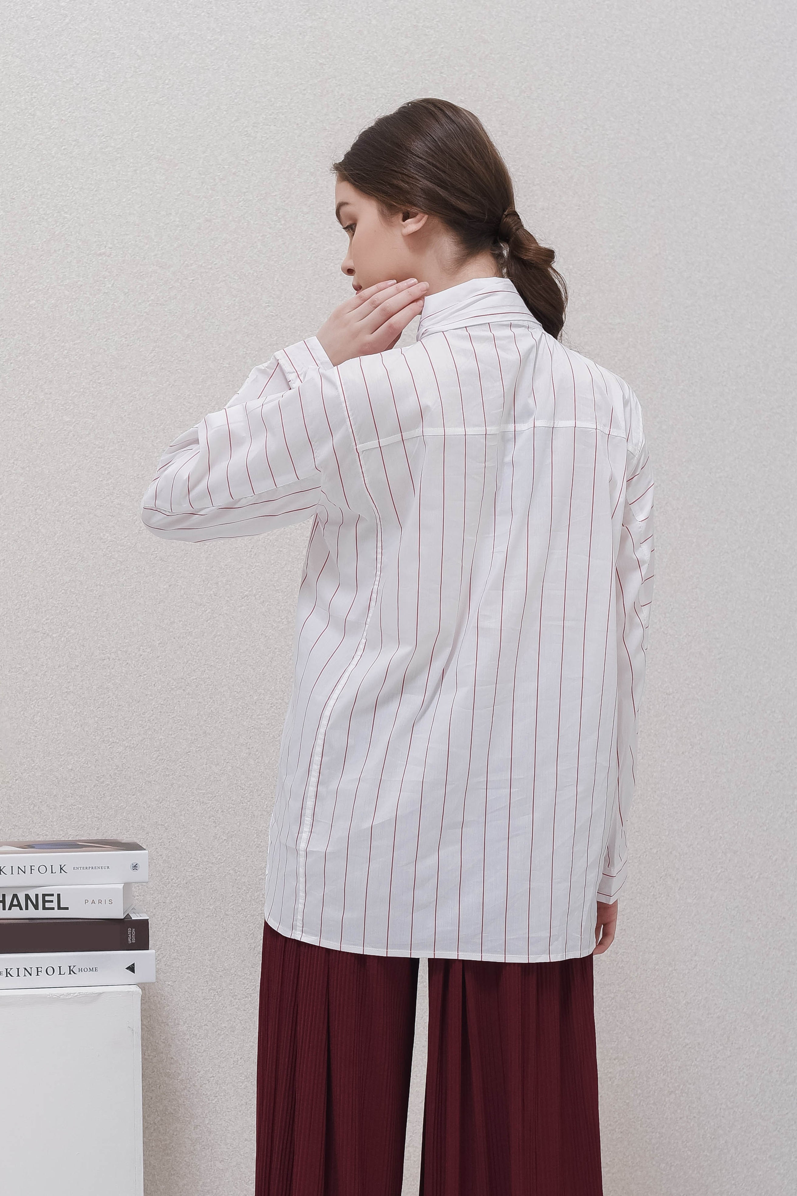 White Striped Shirt with Bow Collar