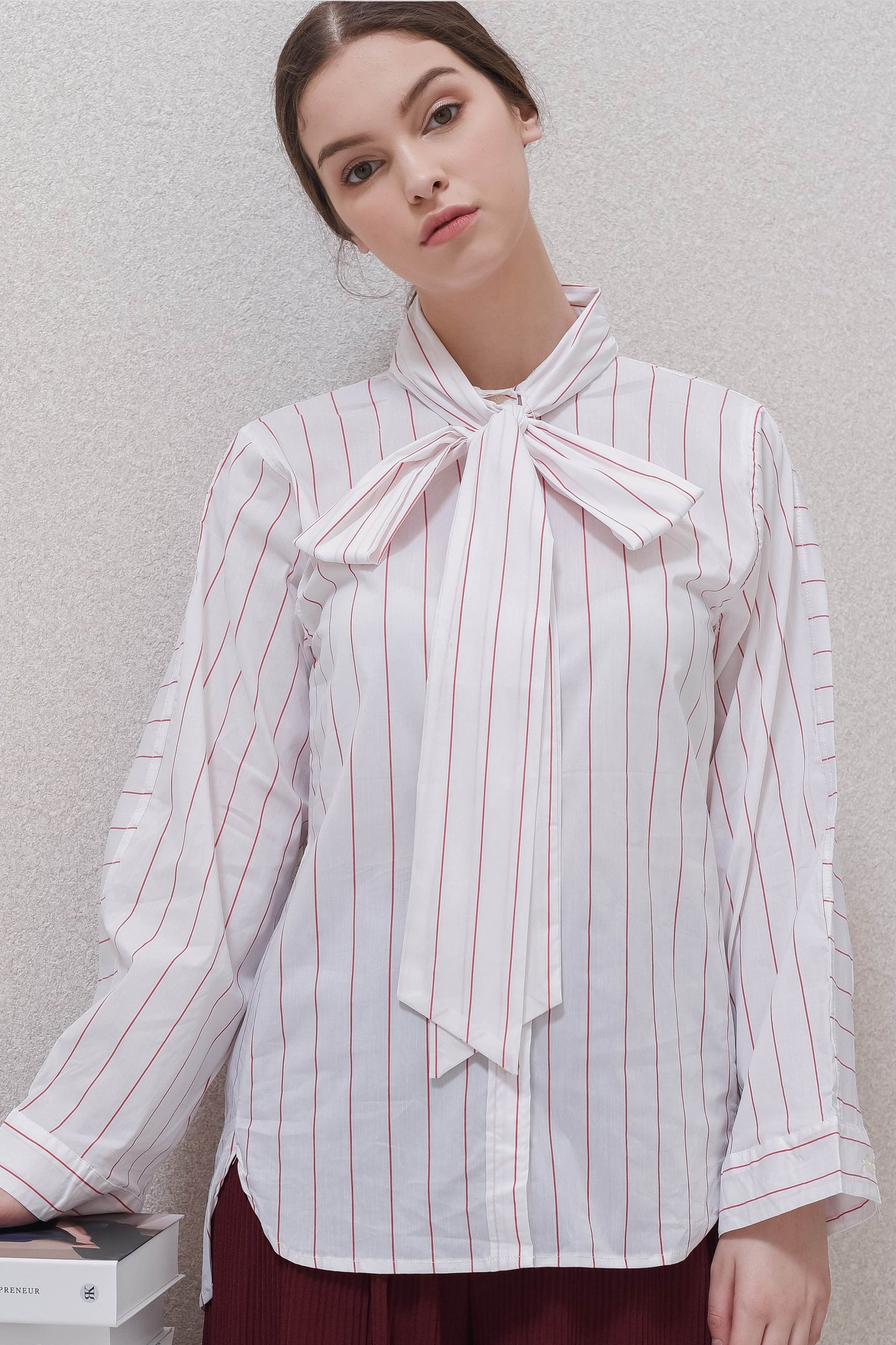 White Striped Shirt with Bow Collar