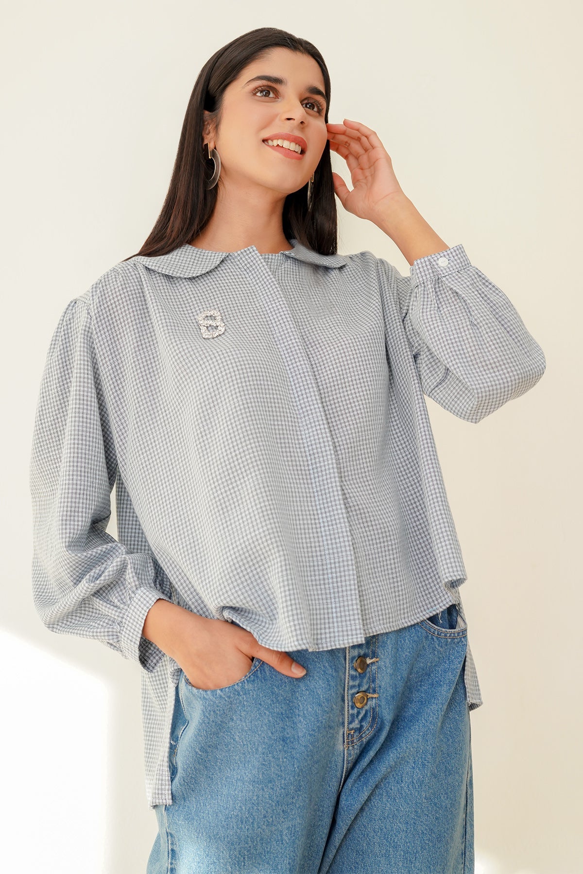Luna Cropped Shirt - Blue Plaid