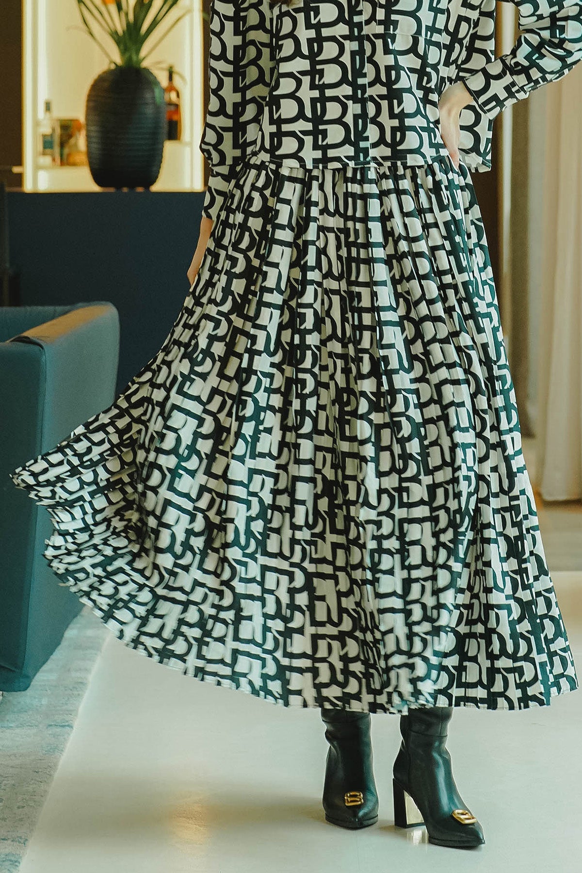Monogram Pleated Skirt - Black