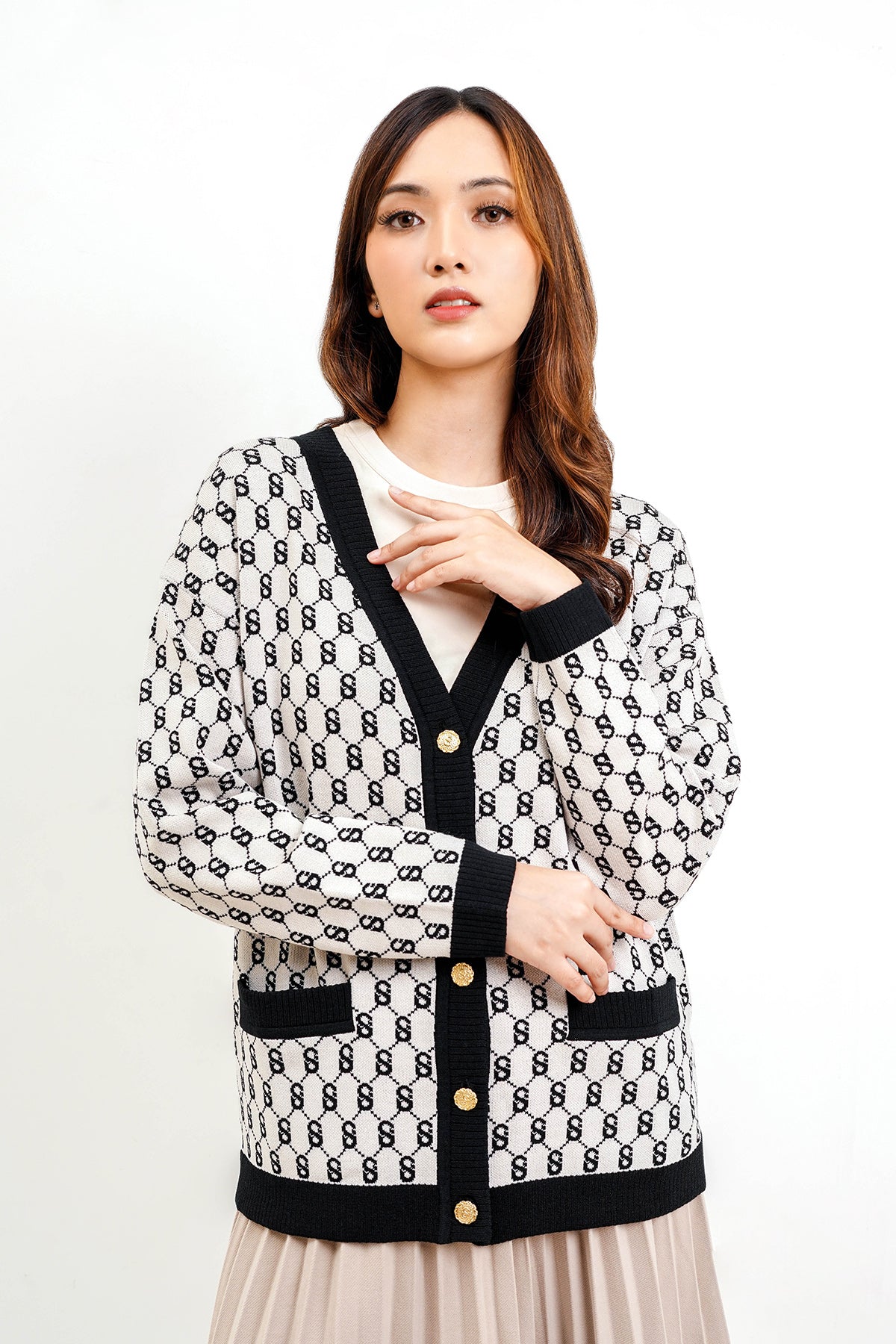 Signature Monogram Cardigan - Cookies and Cream