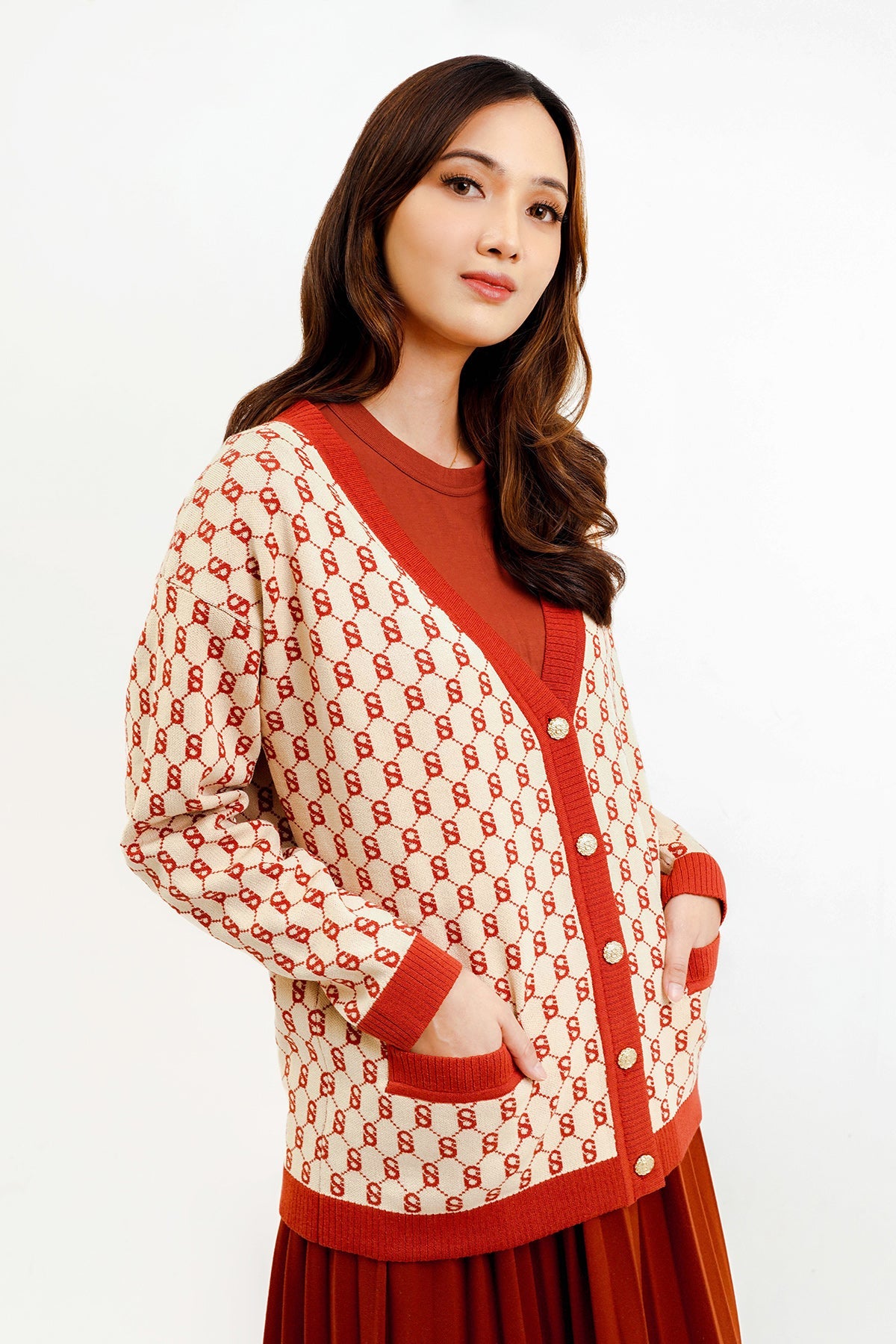 Signature Monogram Cardigan - Red Velvet