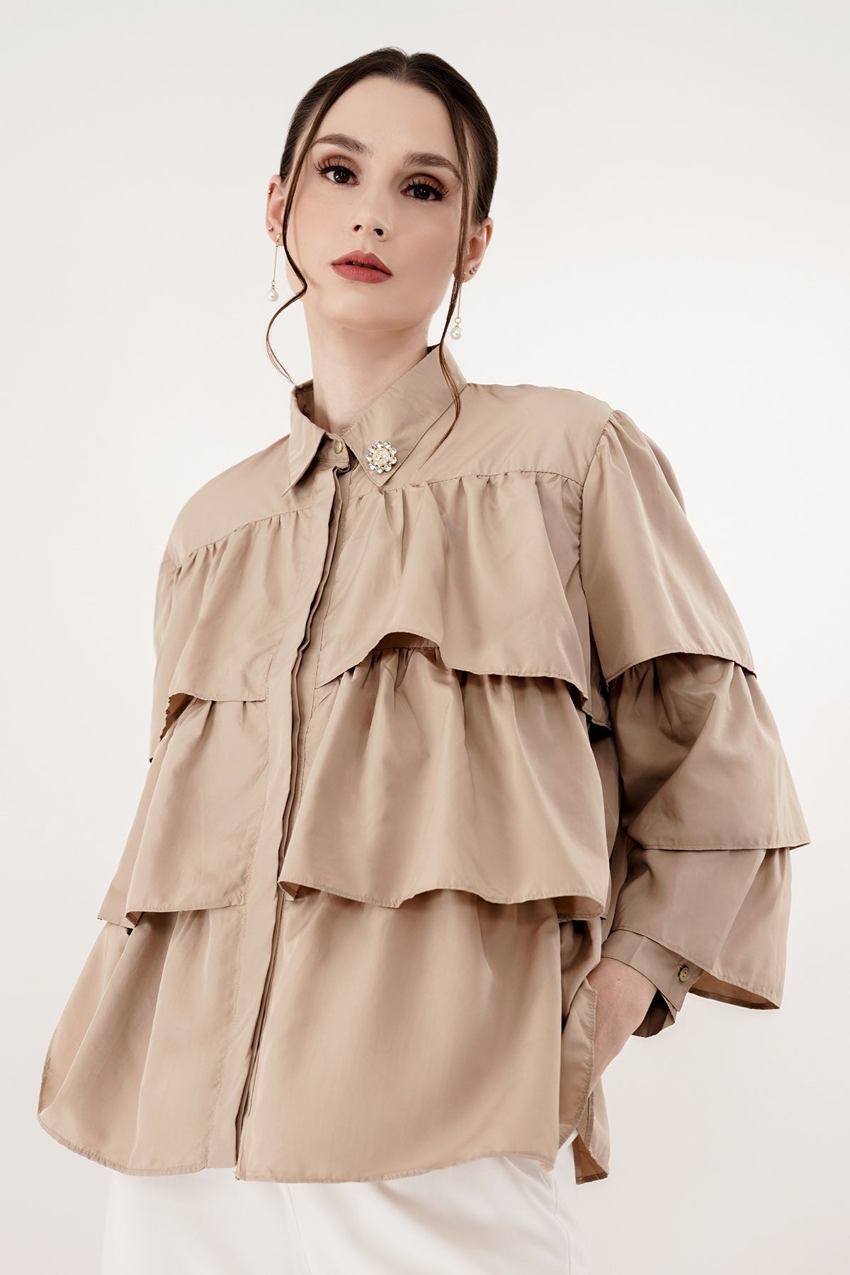 Tiered Ruffle Shirt - Khaki