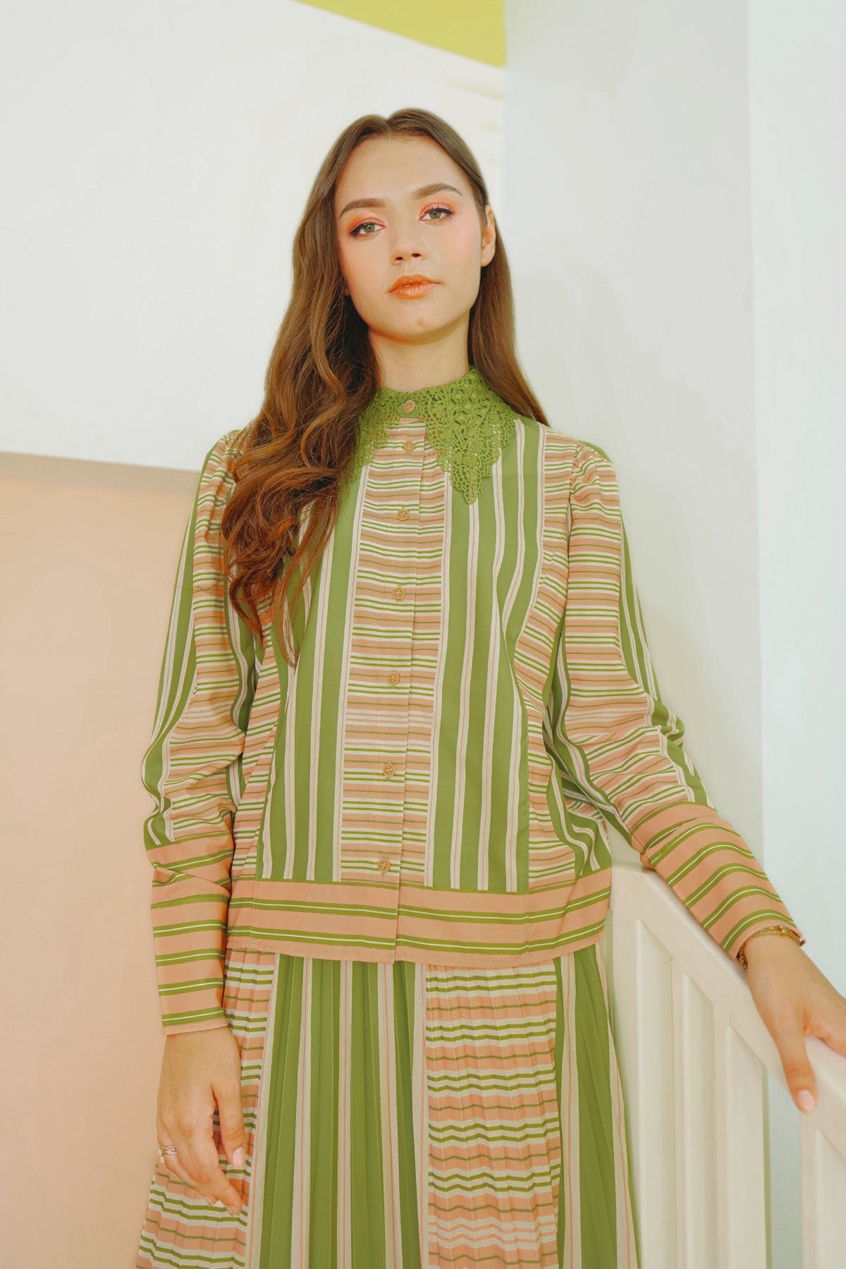 La Bella Stripe Shirt with Lace - Green