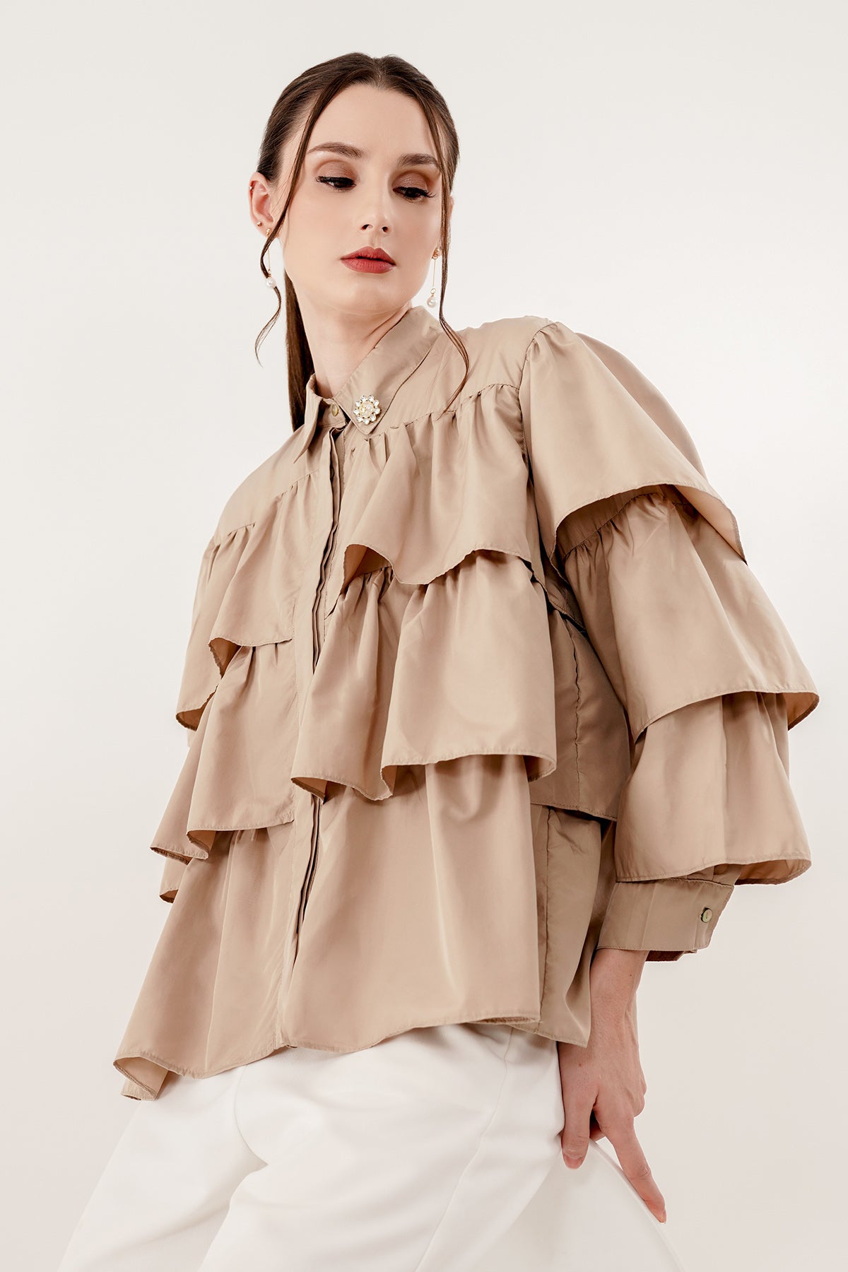 Tiered Ruffle Shirt - Khaki
