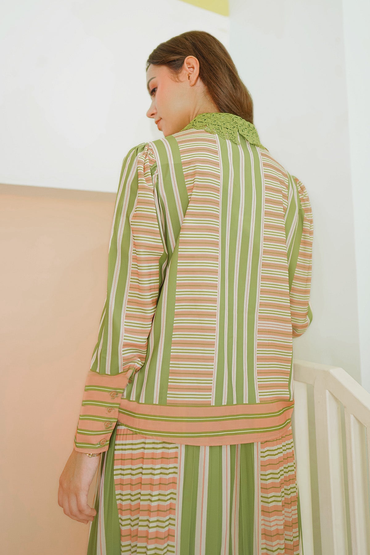La Bella Stripe Shirt with Lace - Green