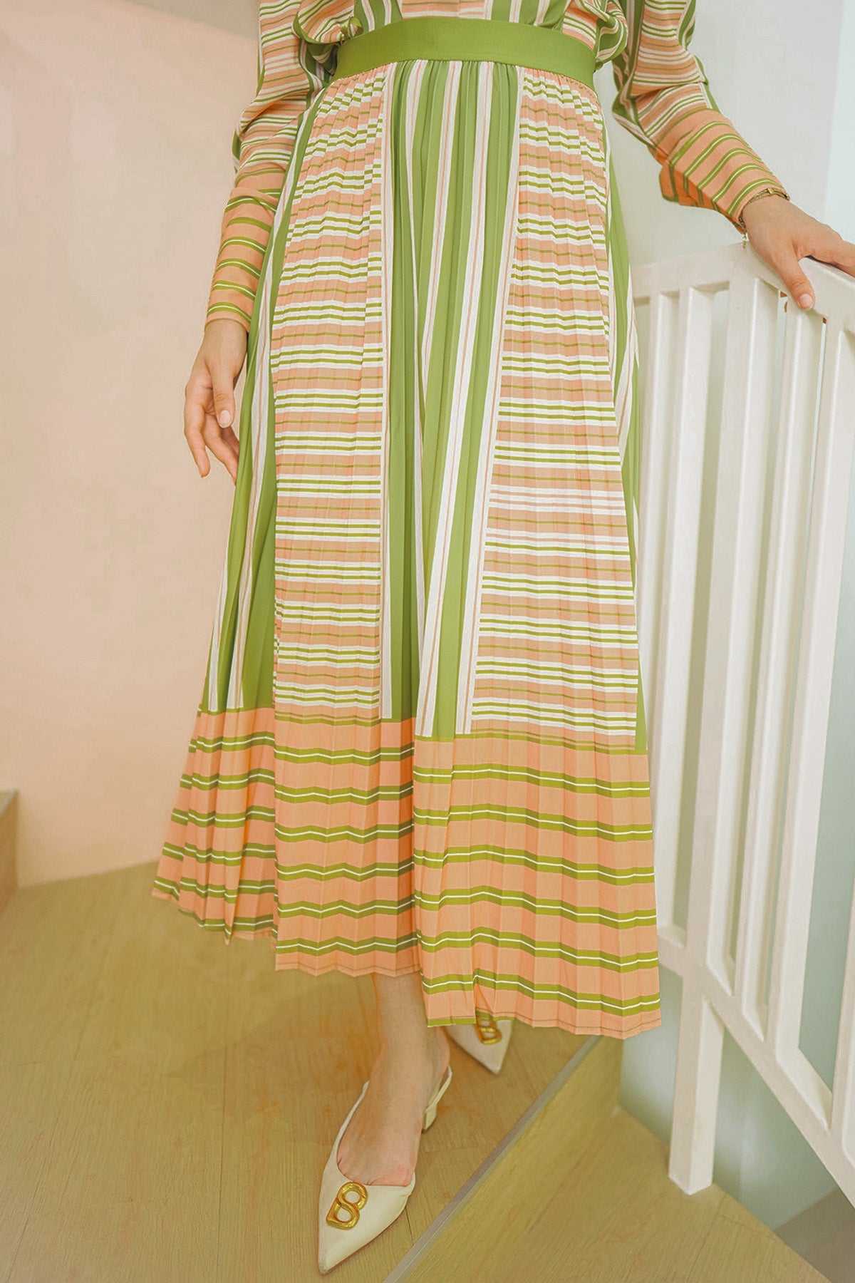 La Bella Stripe Pleated Skirt - Green