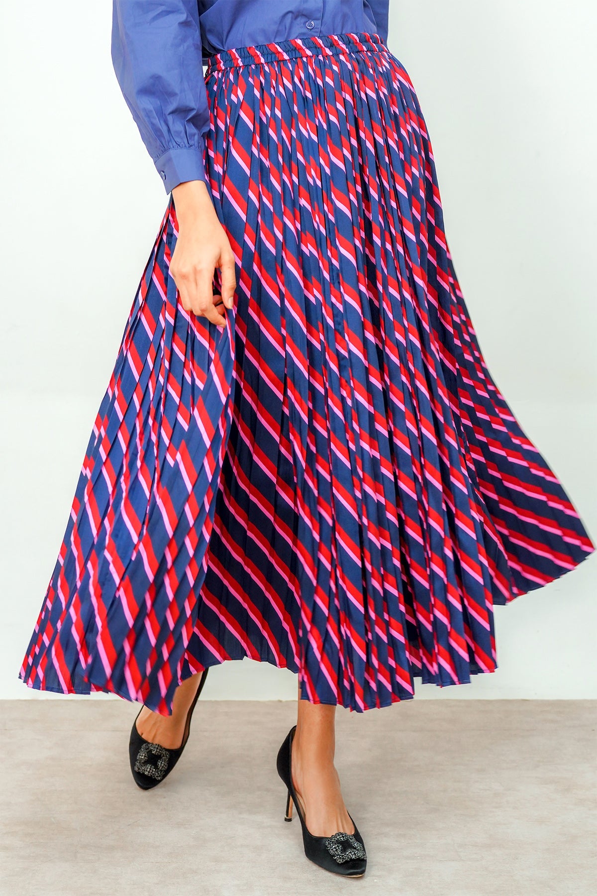 Stripes Pleated Skirt - Navy